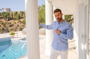 Mojito Men's Pinstripe Mandarin Collar Shirt 100% Linen Long Sleeve Button Down