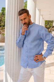 Mojito Men's Pinstripe Mandarin Collar Shirt 100% Linen Long Sleeve Button Down
