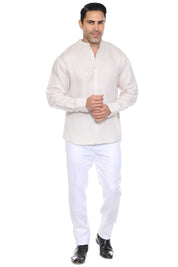 Camisa de hombre con cuello mandarín y raya diplomática, 100 % lino, manga larga, botones