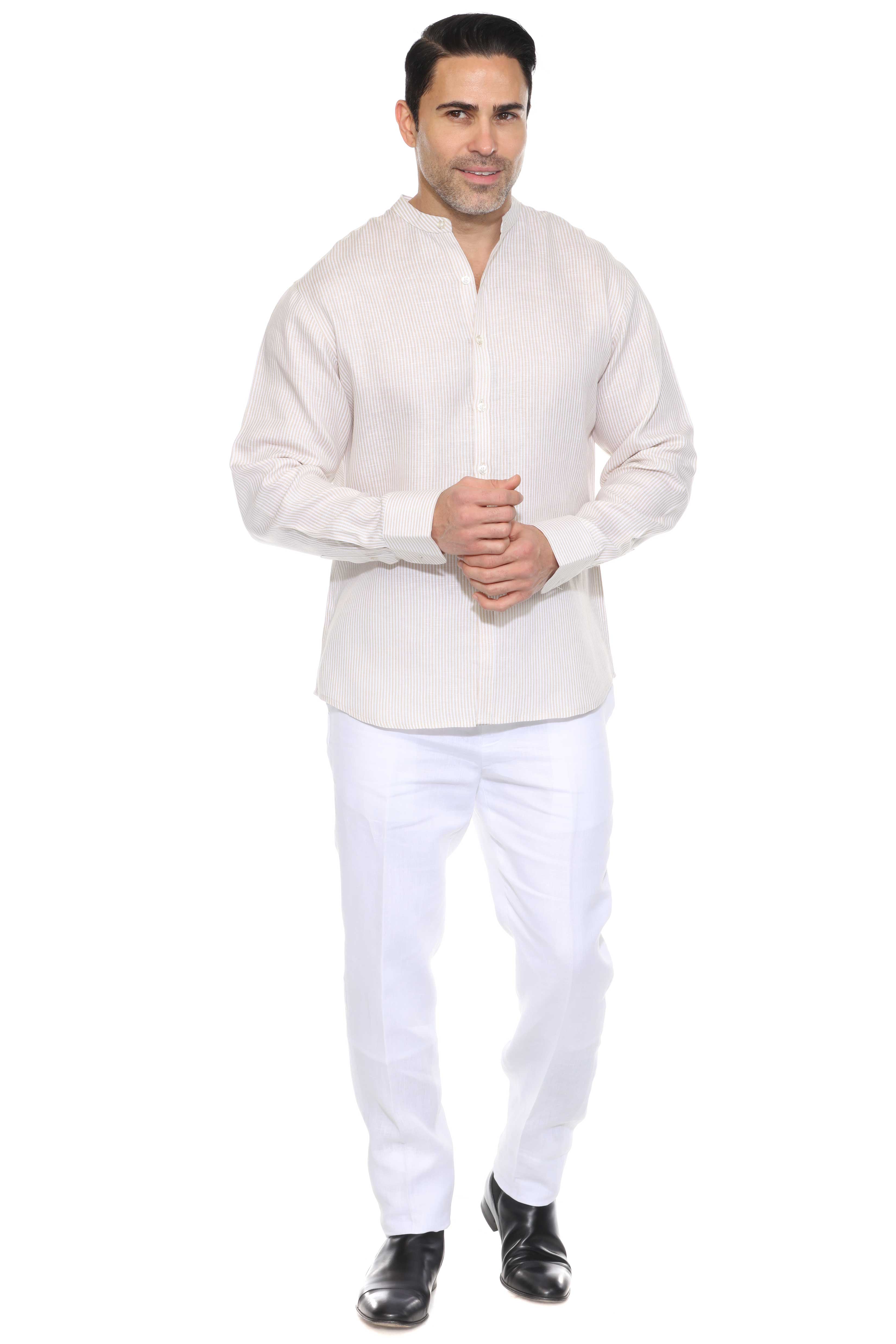 Camisa de hombre con cuello mandarín y raya diplomática, 100 % lino, manga larga, botones