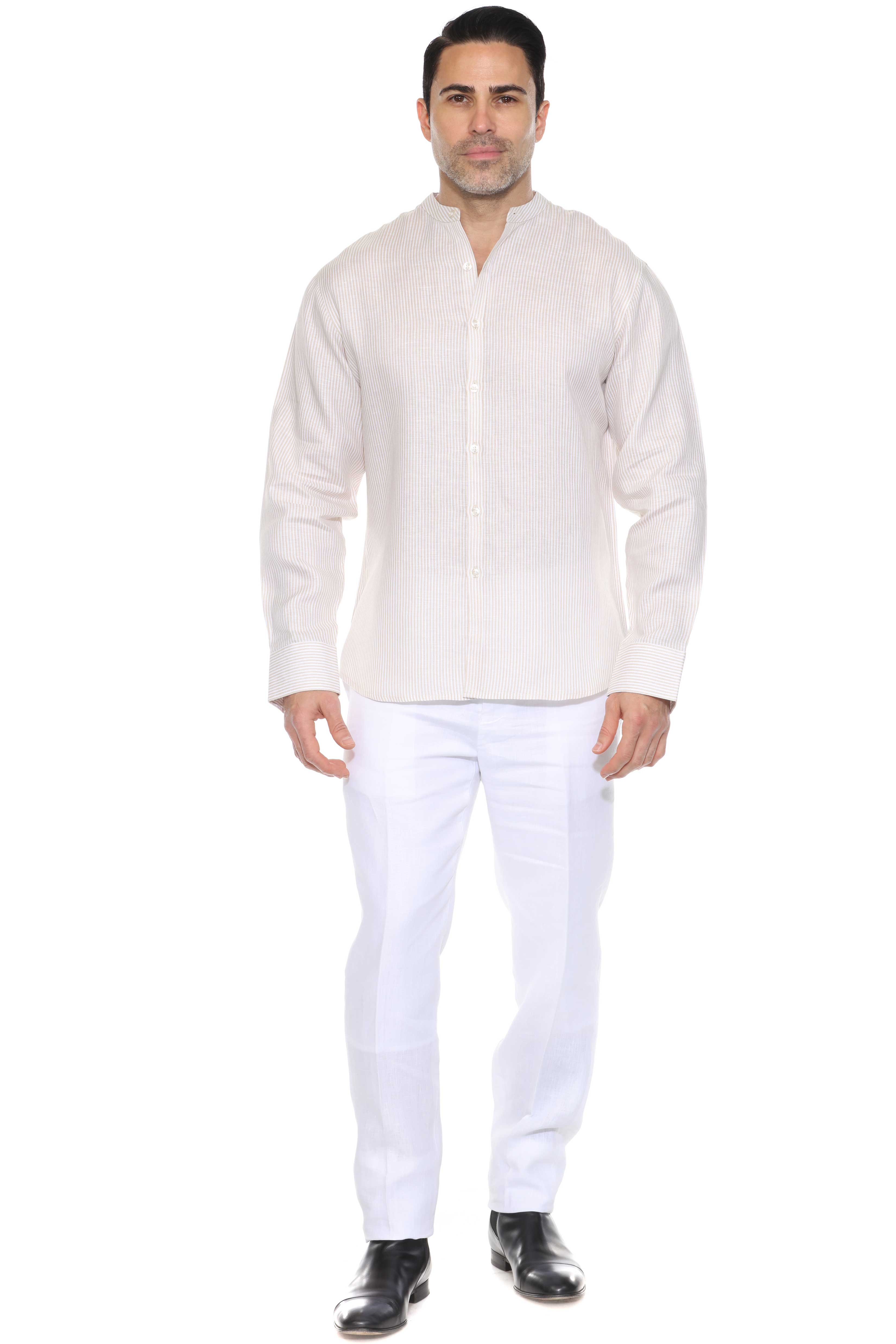 Camisa de hombre con cuello mandarín y raya diplomática, 100 % lino, manga larga, botones