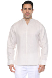 Camisa de hombre con cuello mandarín y raya diplomática, 100 % lino, manga larga, botones