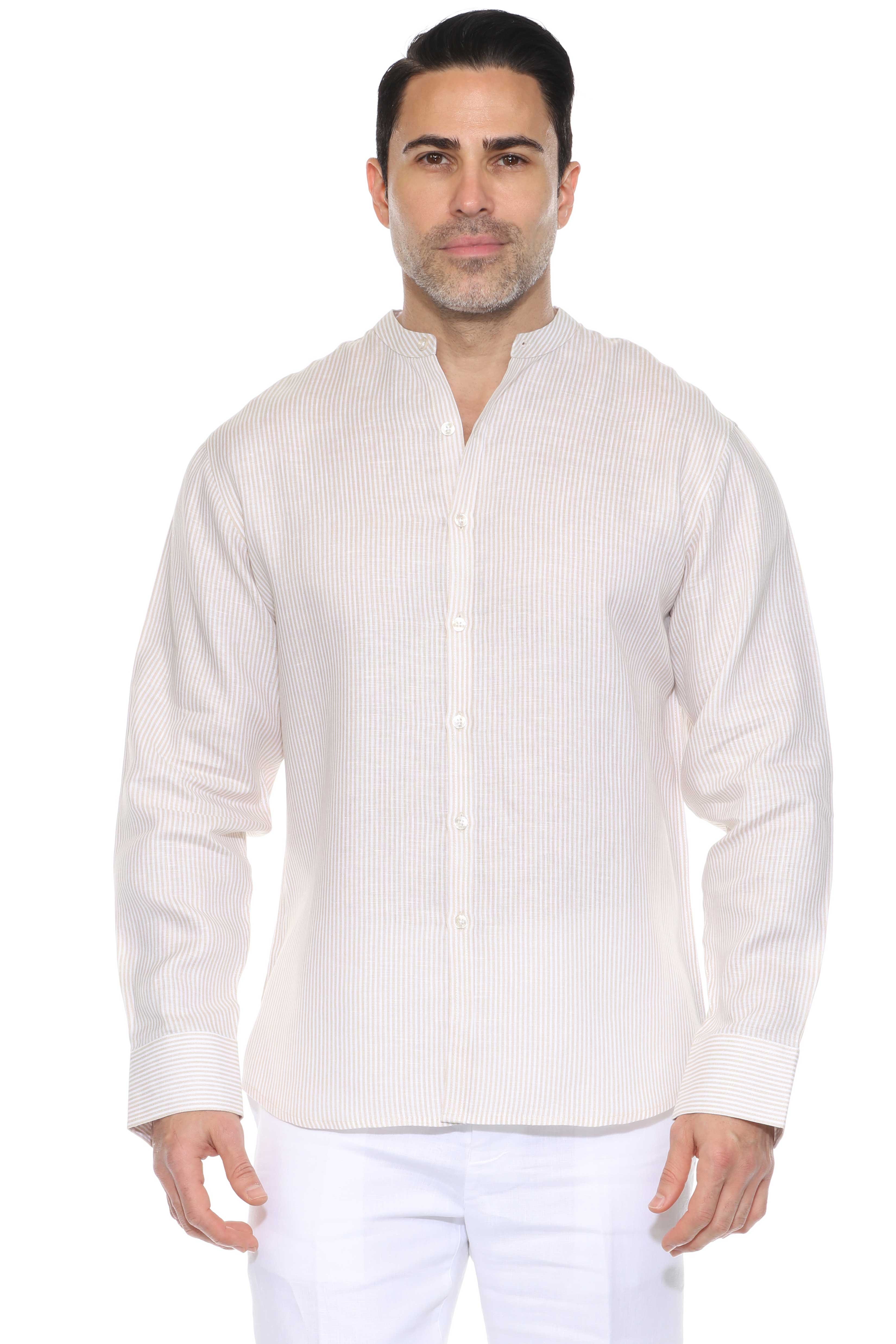 Camisa de hombre con cuello mandarín y raya diplomática, 100 % lino, manga larga, botones