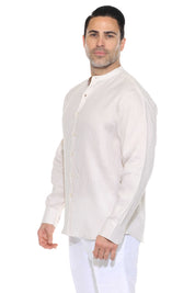 Camisa de hombre con cuello mandarín y raya diplomática, 100 % lino, manga larga, botones