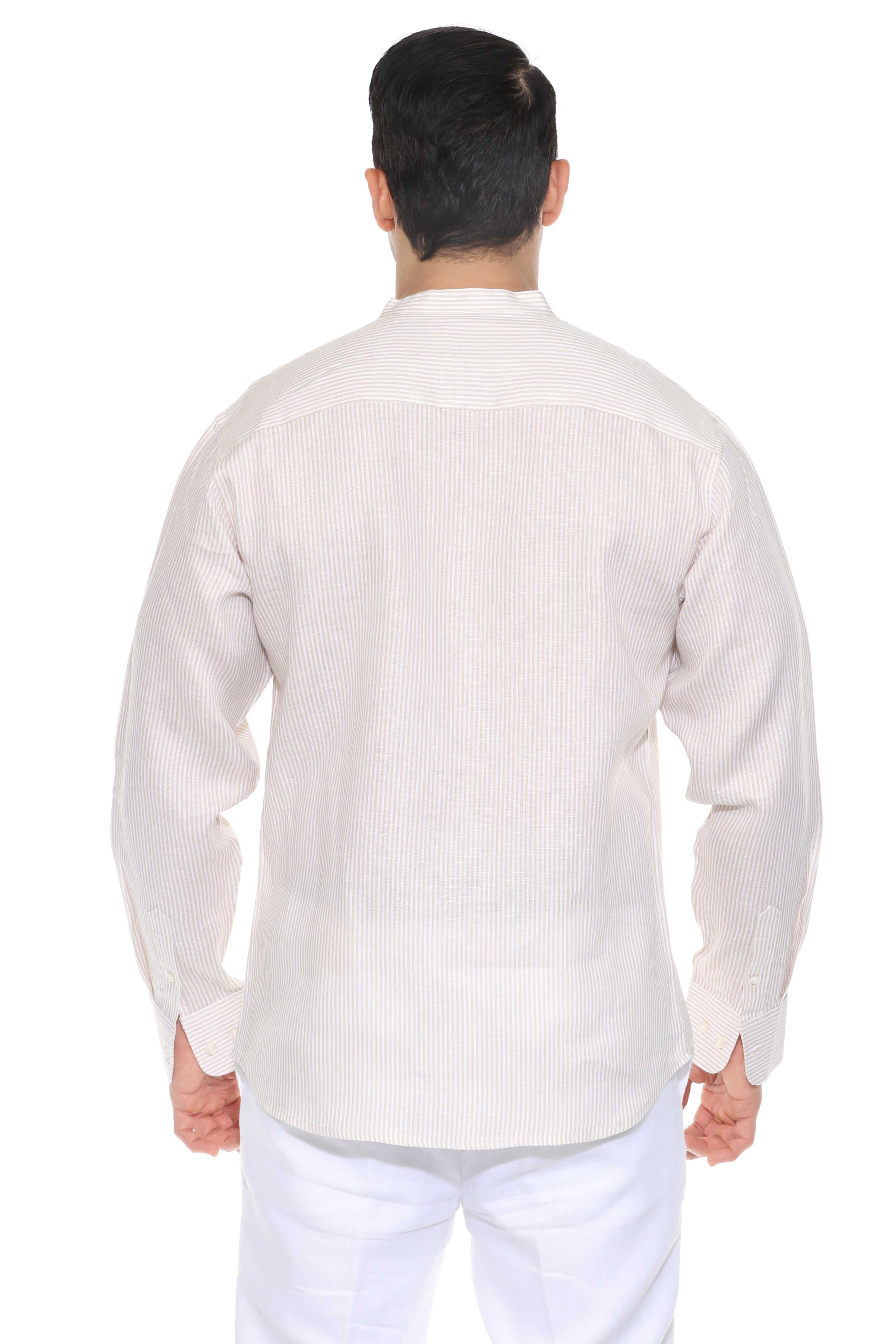 Camisa de hombre con cuello mandarín y raya diplomática, 100 % lino, manga larga, botones