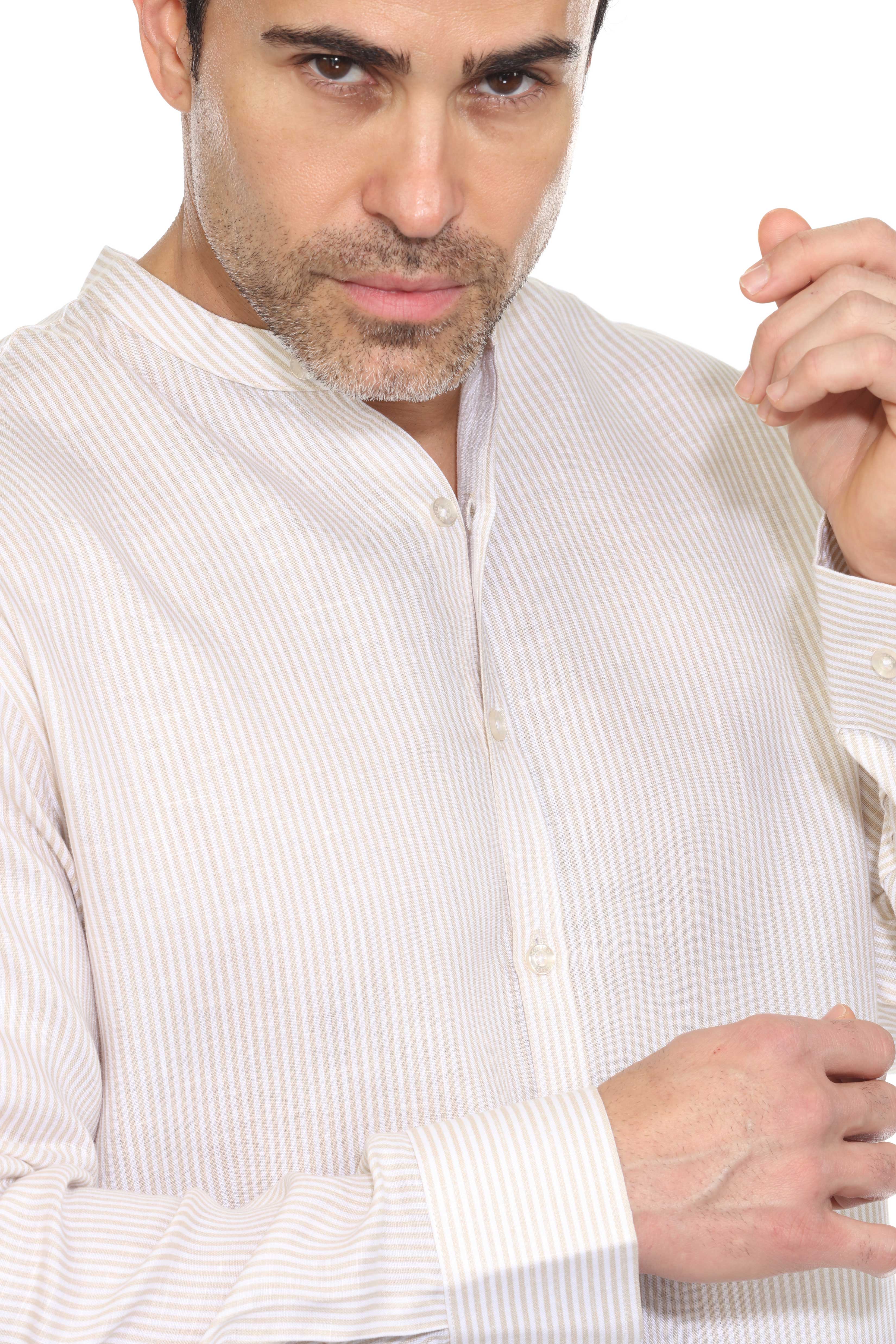Camisa de hombre con cuello mandarín y raya diplomática, 100 % lino, manga larga, botones