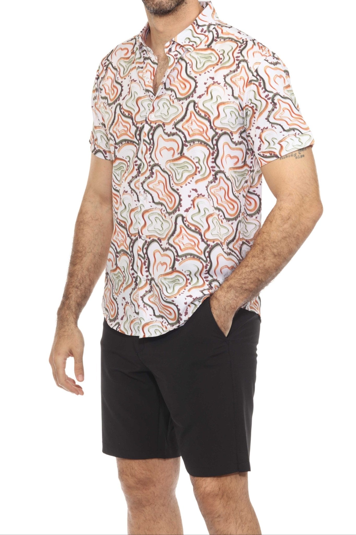 Man models black Men’s Dri-Fit Stretch Performance Shorts; front view, hand in pocket.