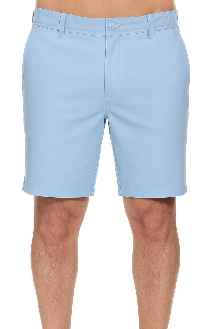 Close up of a model wearing khaki Men’s Dri-Fit Stretch Performance Shorts for Resort &amp; Golf.