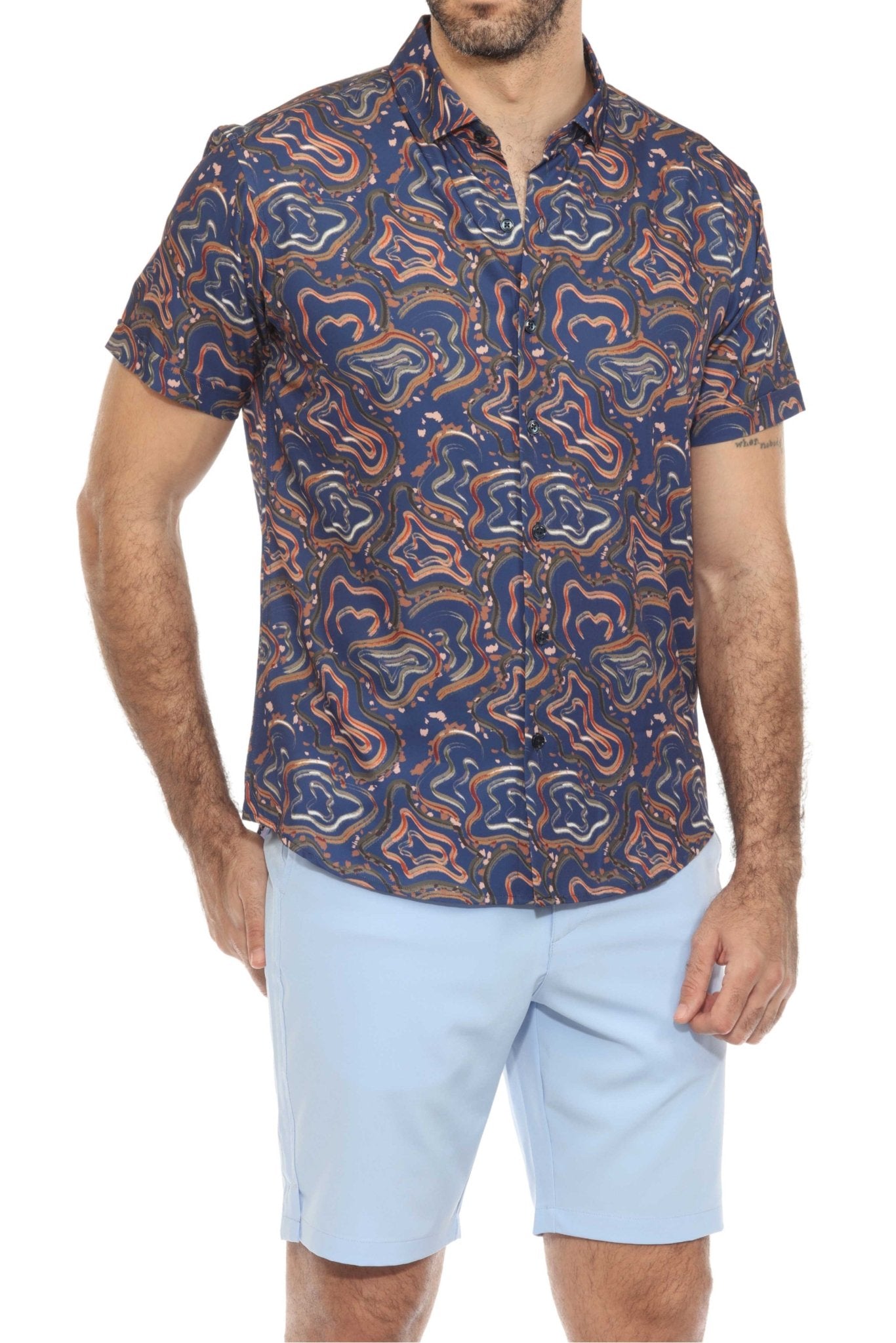 A man wears the Men’s Dri-Fit Stretch Performance Shorts in light blue, front view.