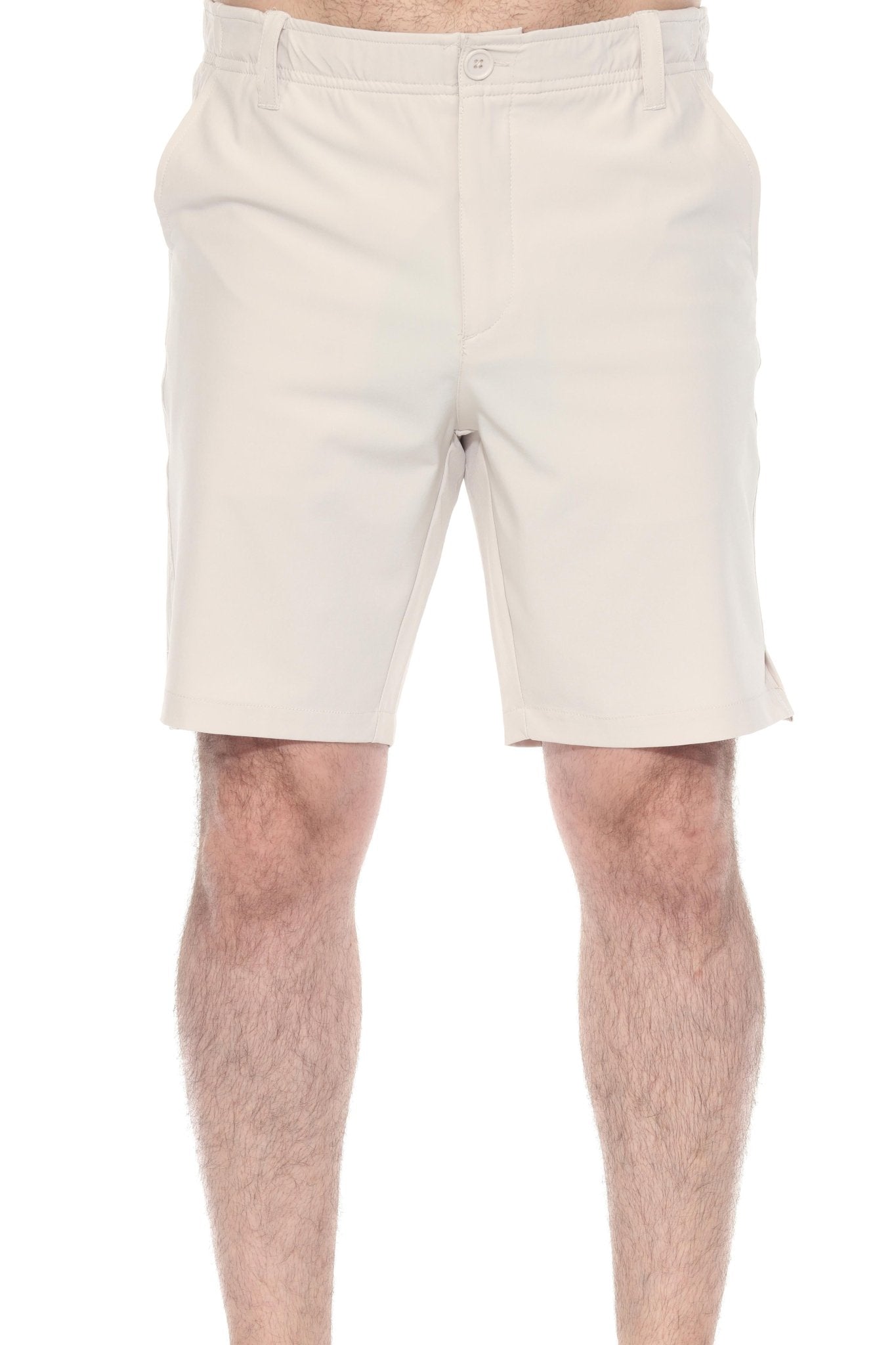 Close up of a model wearing khaki Men’s Dri-Fit Stretch Performance Shorts for Resort & Golf.