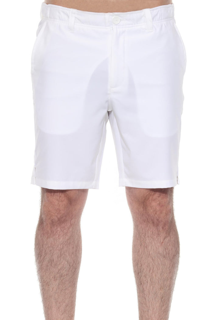 Close up of a model wearing khaki Men’s Dri-Fit Stretch Performance Shorts for Resort &amp; Golf.