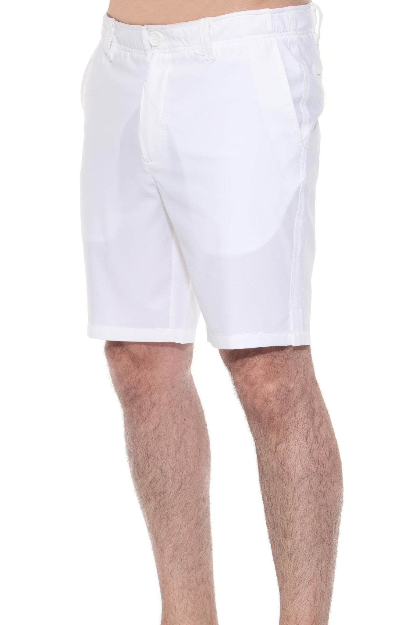 Close-up of a person wearing white Men’s Dri-Fit Stretch Performance Shorts.