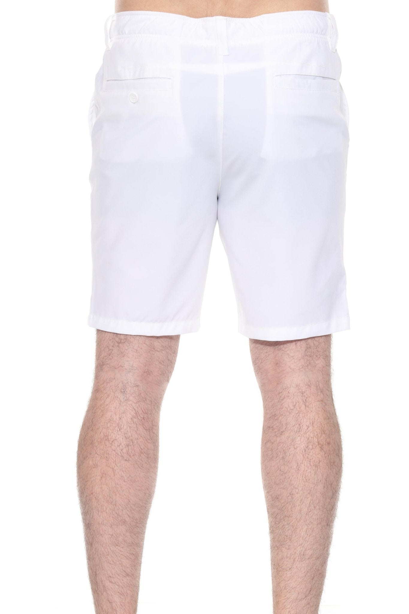 Back view of a man wearing white Men’s Dri-Fit Stretch Performance Shorts, showing back pockets with button.