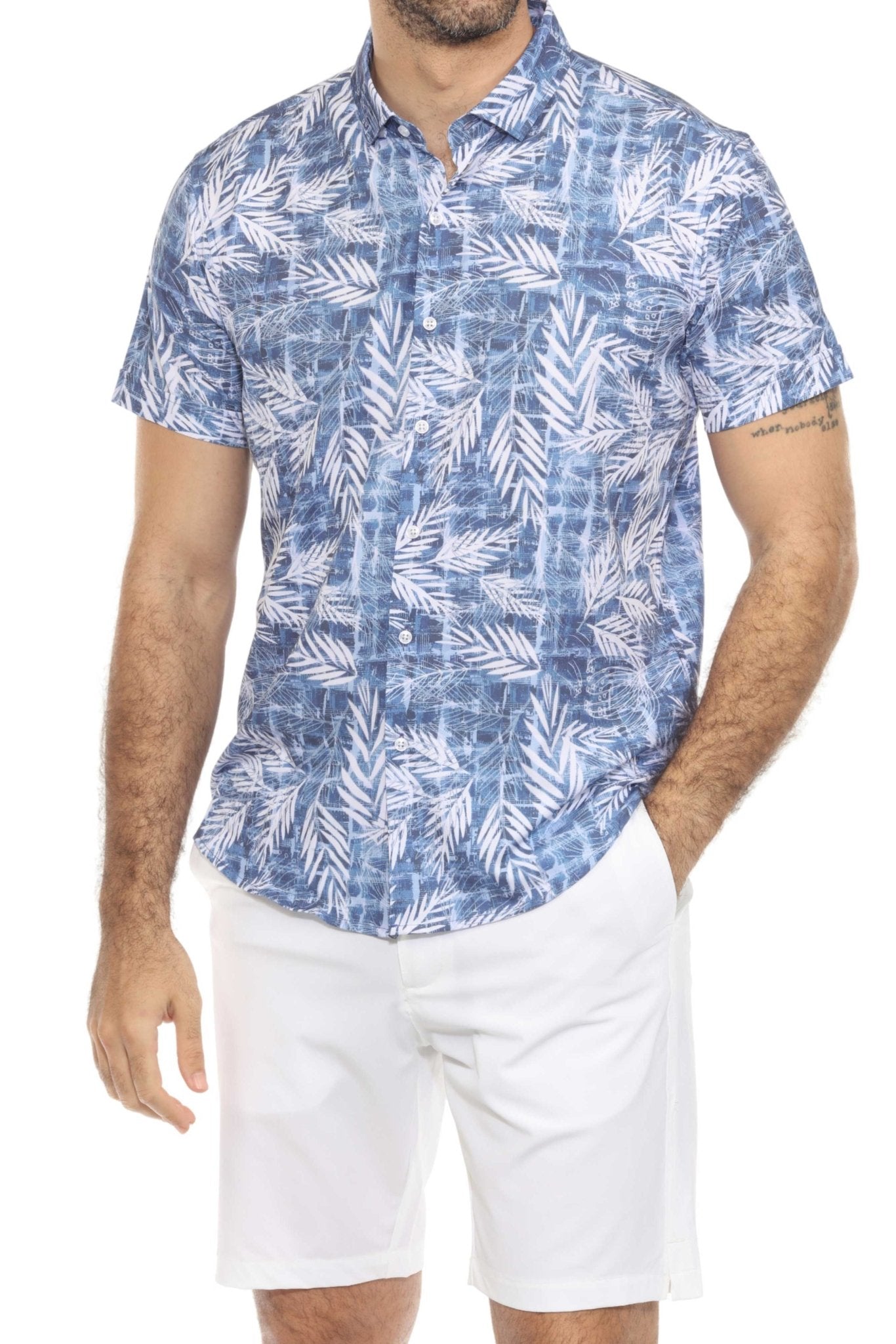 Torso shot of a man modeling the Men's Dri-Fit Stretch Performance Shorts, shown in white with a side slit hem.