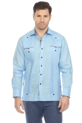 Guayabera 100% lino para hombre: camisa de manga larga con ribete y cuello en contraste de inspiración artesanal