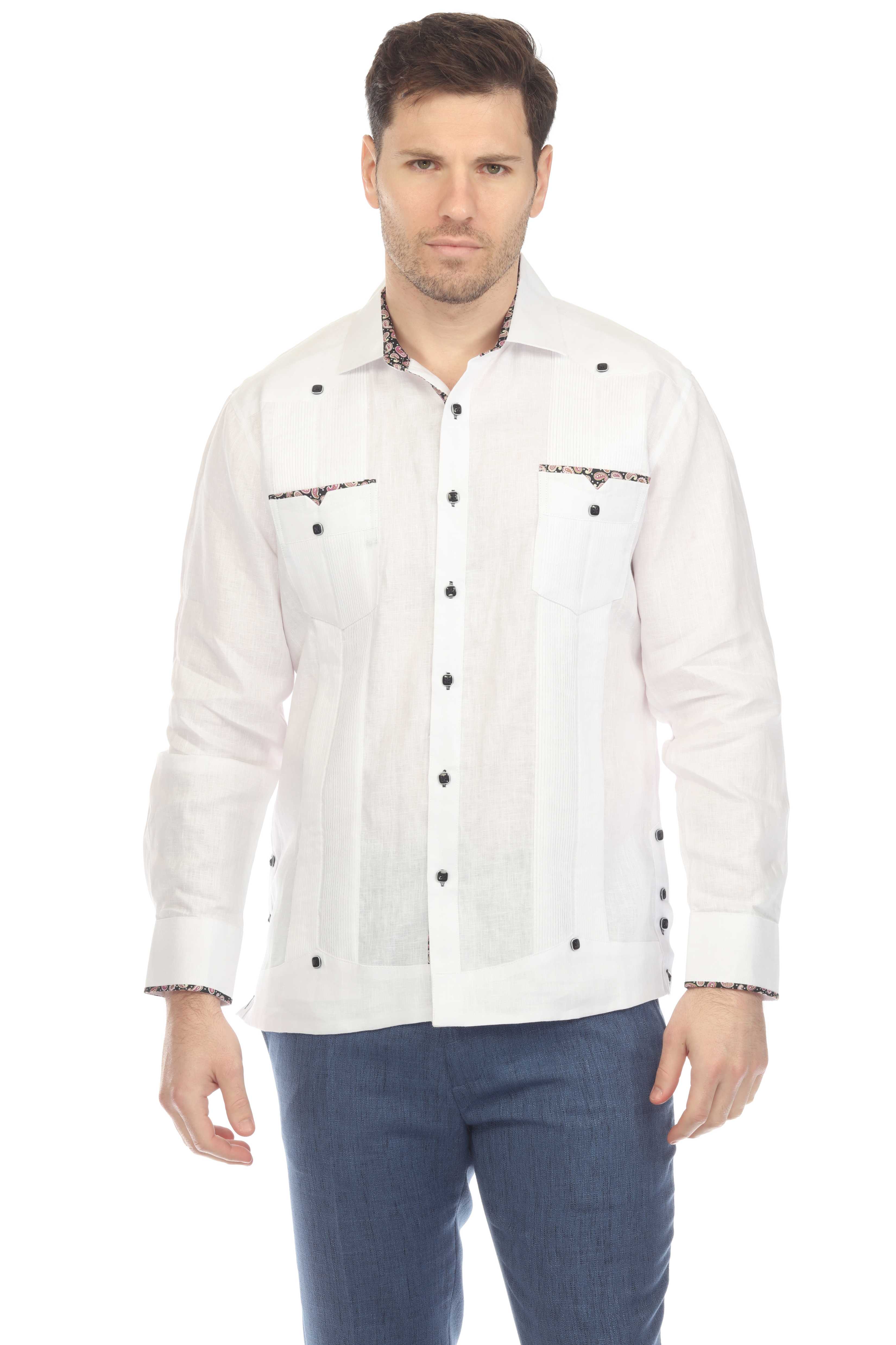 Mojito Men's 100% Linen Chacabana Guayabera – Long Sleeve Shirt with Artisan-Inspired Contrast Trim and Collar