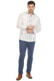 Camisa Guayabera Chacabana 100% Lino para Hombre Mojito, Manga Larga con Ribete en Contraste