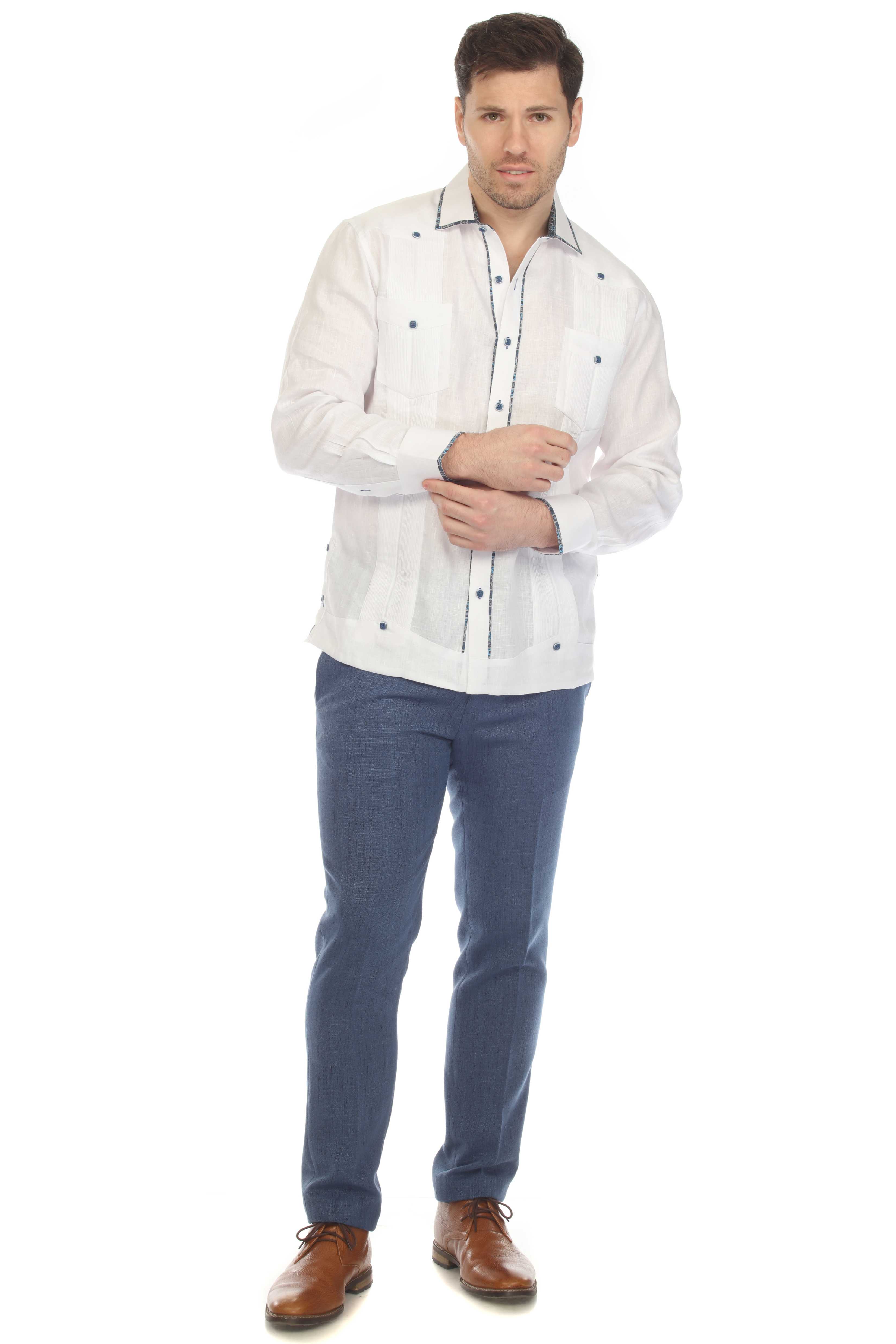 Camisa Guayabera Chacabana 100% Lino para Hombre Mojito, Manga Larga con Ribete en Contraste