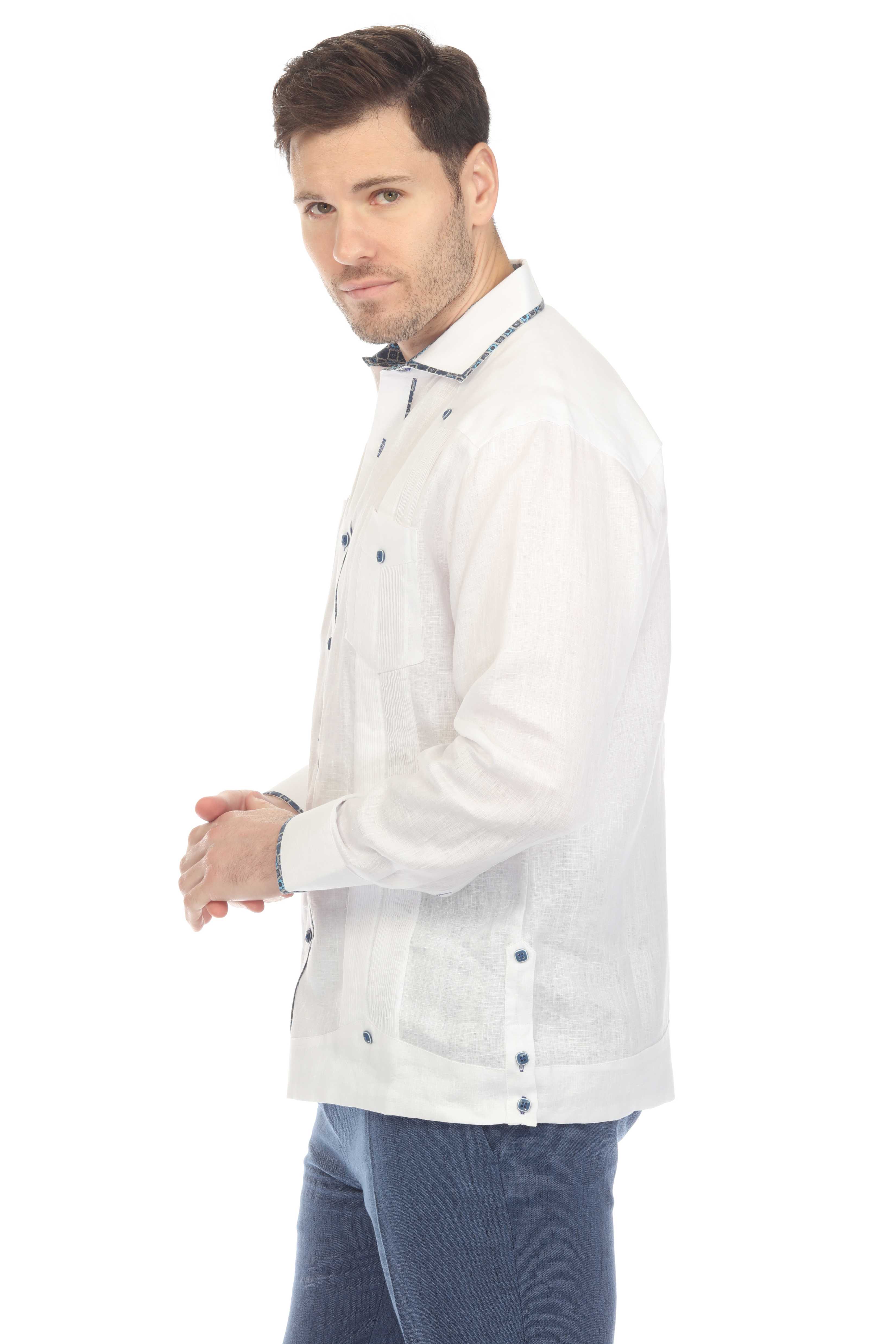 Camisa Guayabera Chacabana 100% Lino para Hombre Mojito, Manga Larga con Ribete en Contraste