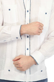 Camisa Guayabera Chacabana 100% Lino para Hombre Mojito, Manga Larga con Ribete en Contraste