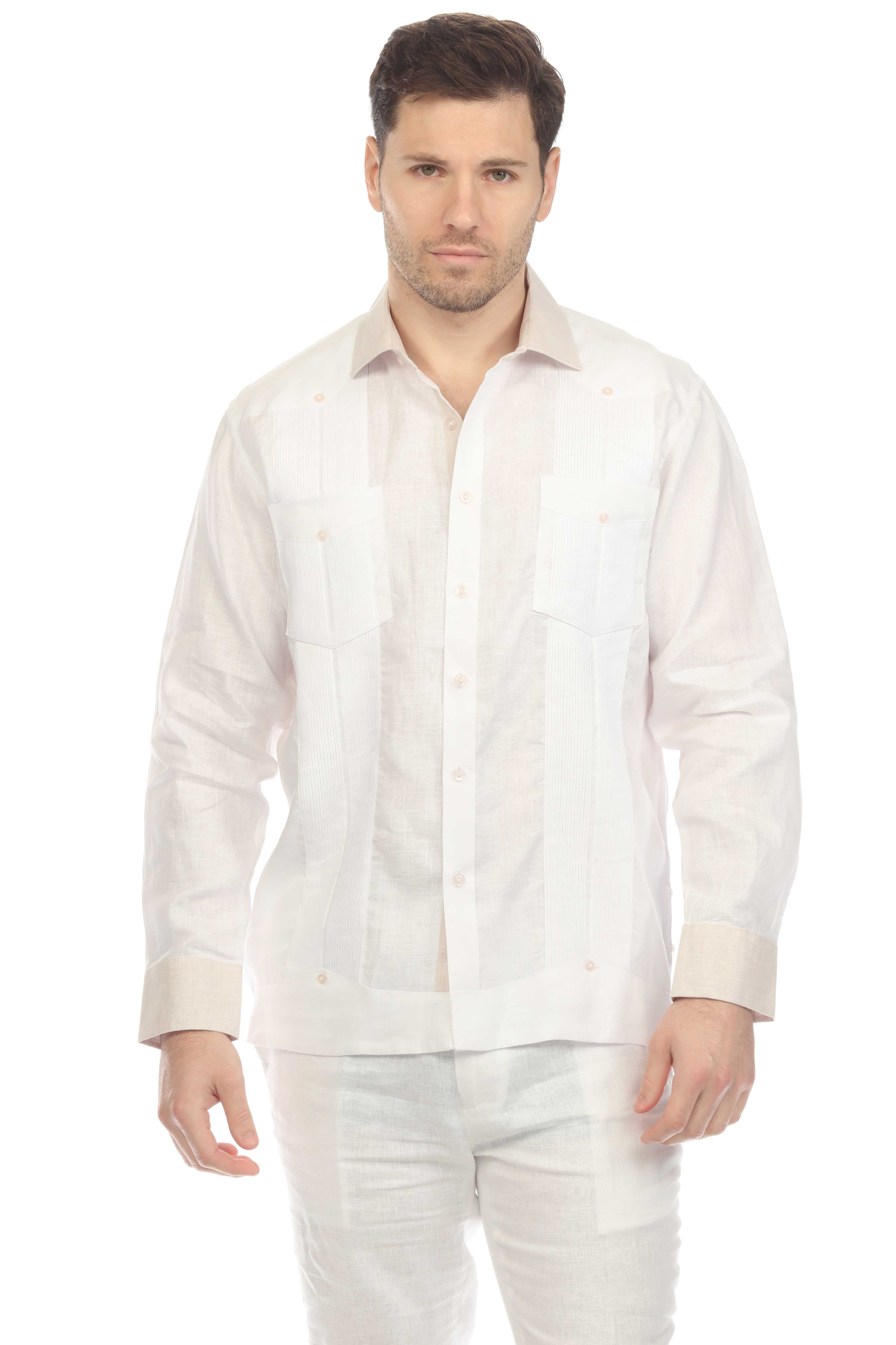 Mojito Men's 100% Linen Chacabana Guayabera – Long Sleeve Shirt with Natural Contrast Collar and Cuffs