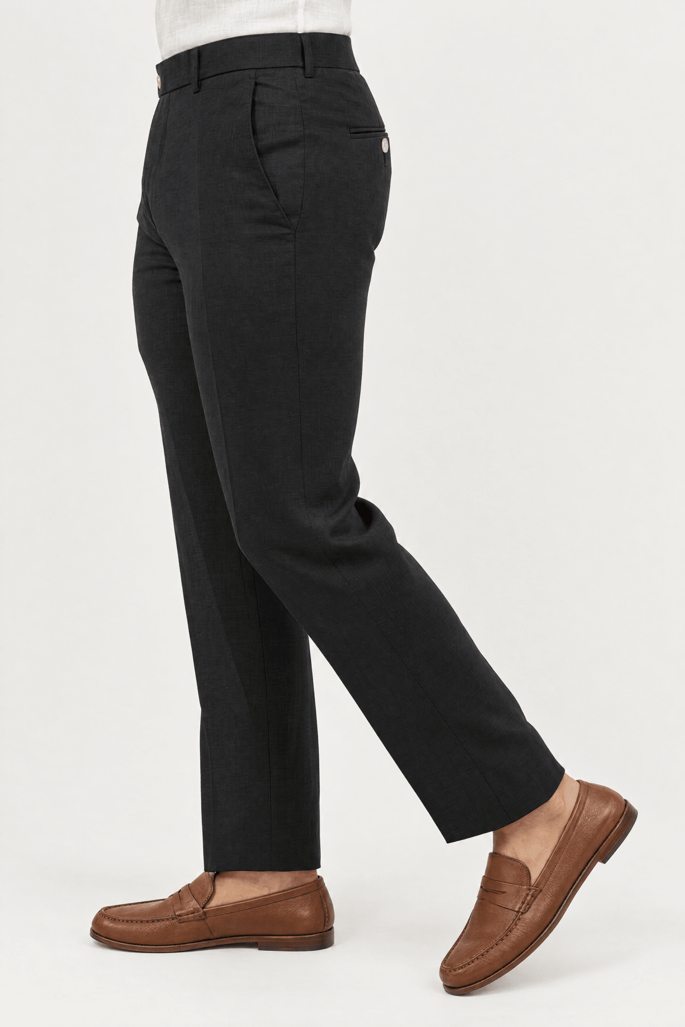 Mojito Collection modern fit 100% linen flat front dress pants in Black, side view