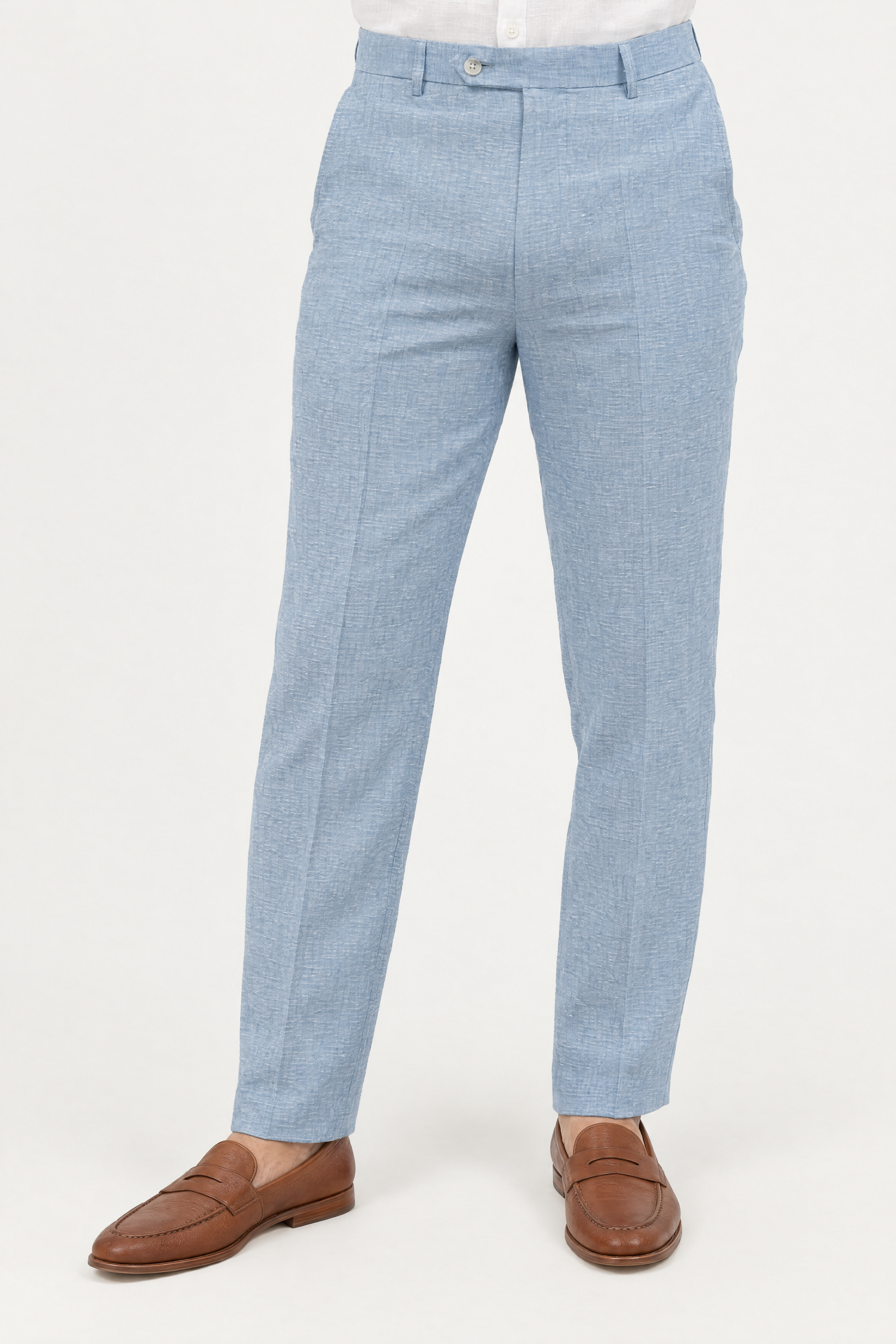 Mojito Collection modern fit 100% linen flat front dress pants in Light Blue, front view
