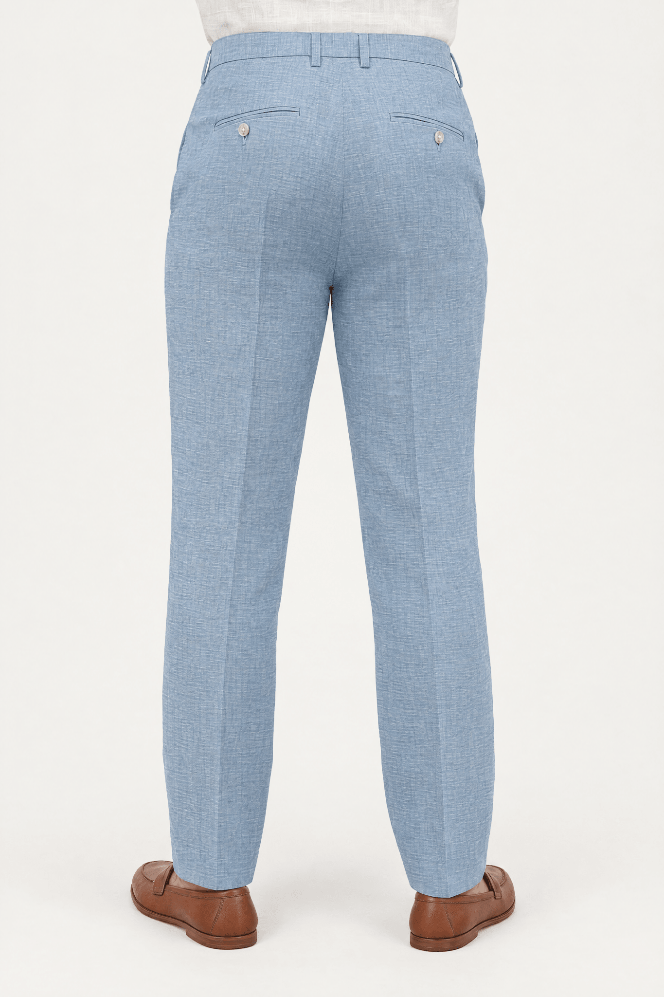 Mojito Collection modern fit 100% linen flat front dress pants in Light Blue, back view
