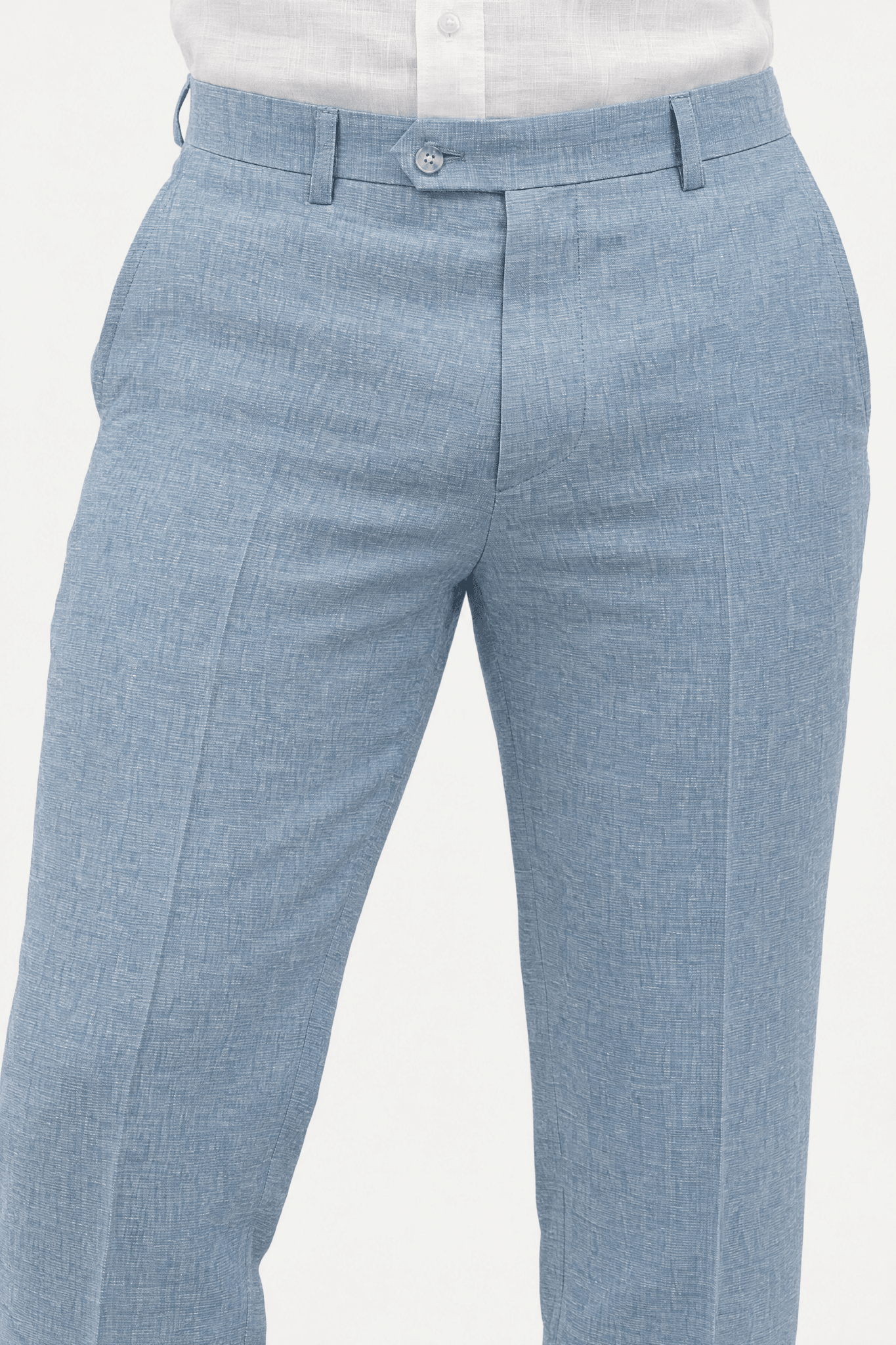 Mojito Collection modern fit 100% linen flat front dress pants in Light Blue, waistband detail