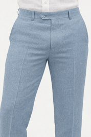 Mojito Collection modern fit 100% linen flat front dress pants in Light Blue, waistband detail