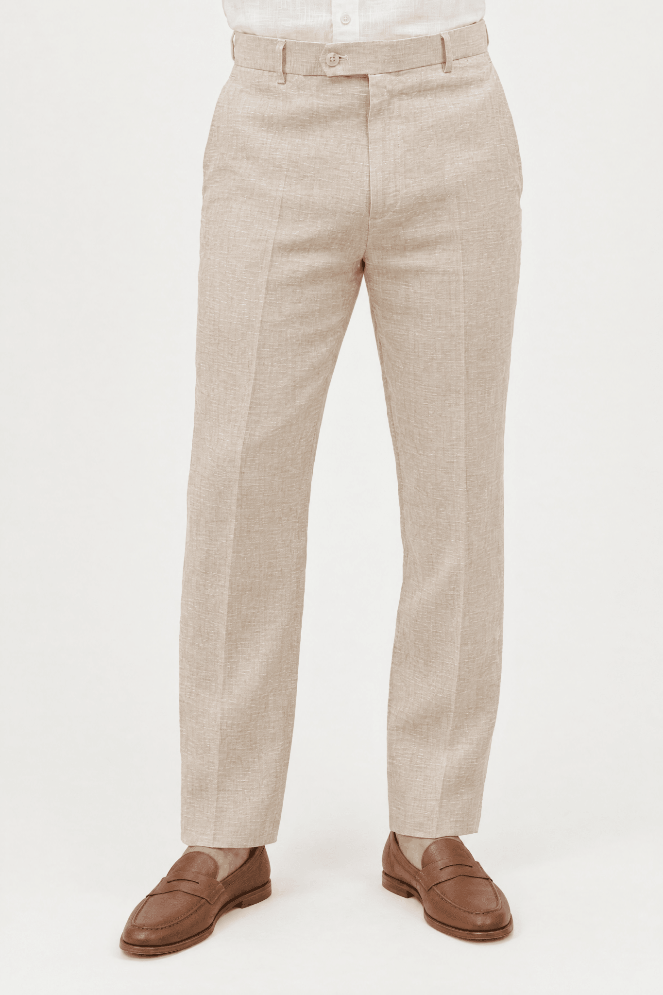 Mojito Collection modern fit 100% linen flat front dress pants in Natural, front view