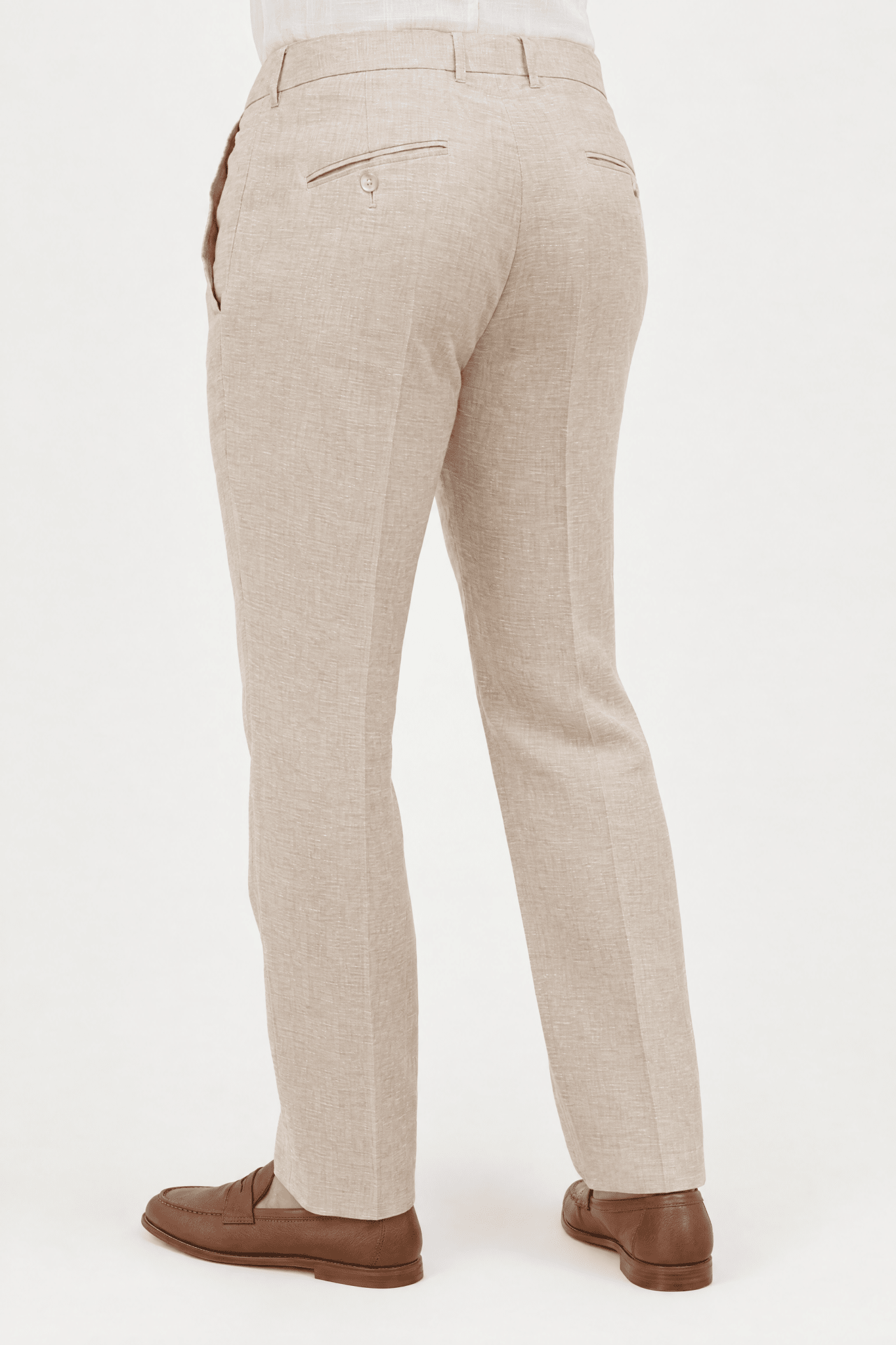 Mojito Collection modern fit 100% linen flat front dress pants in Natural, back three-quarter view