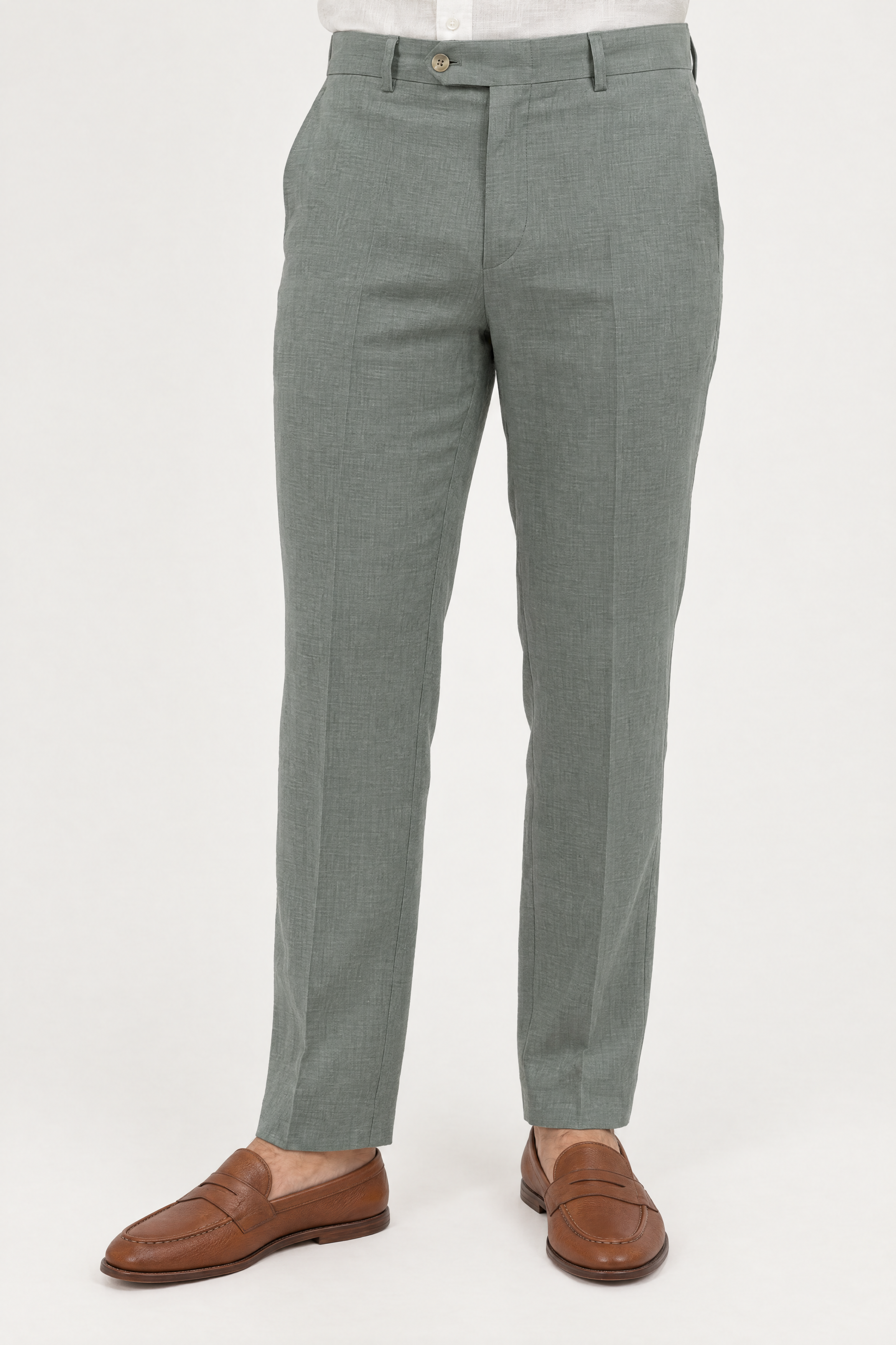 Mojito Collection modern fit 100% linen flat front dress pants in Sage, front view