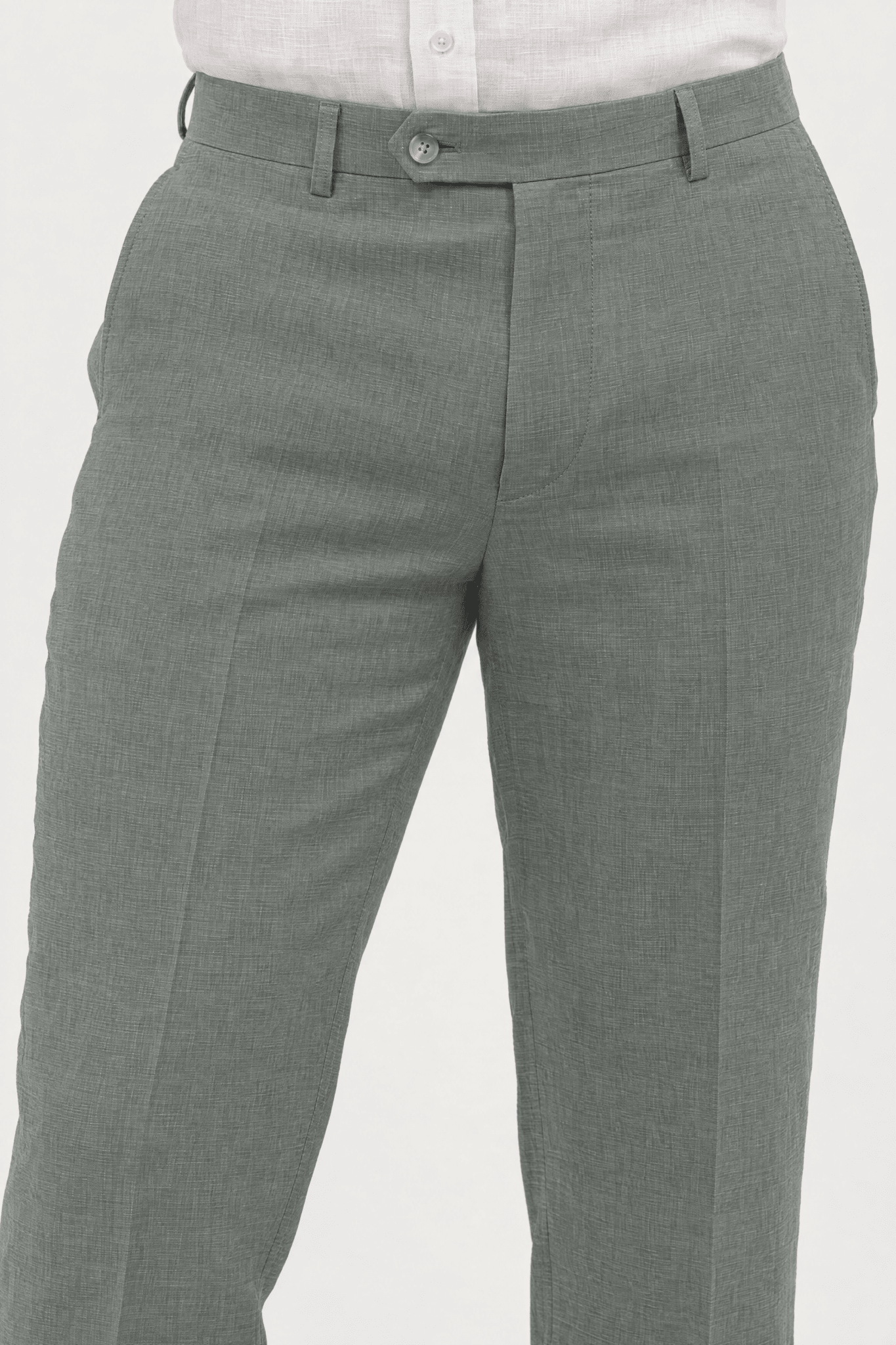 Mojito Collection modern fit 100% linen flat front dress pants in Sage, waistband detail
