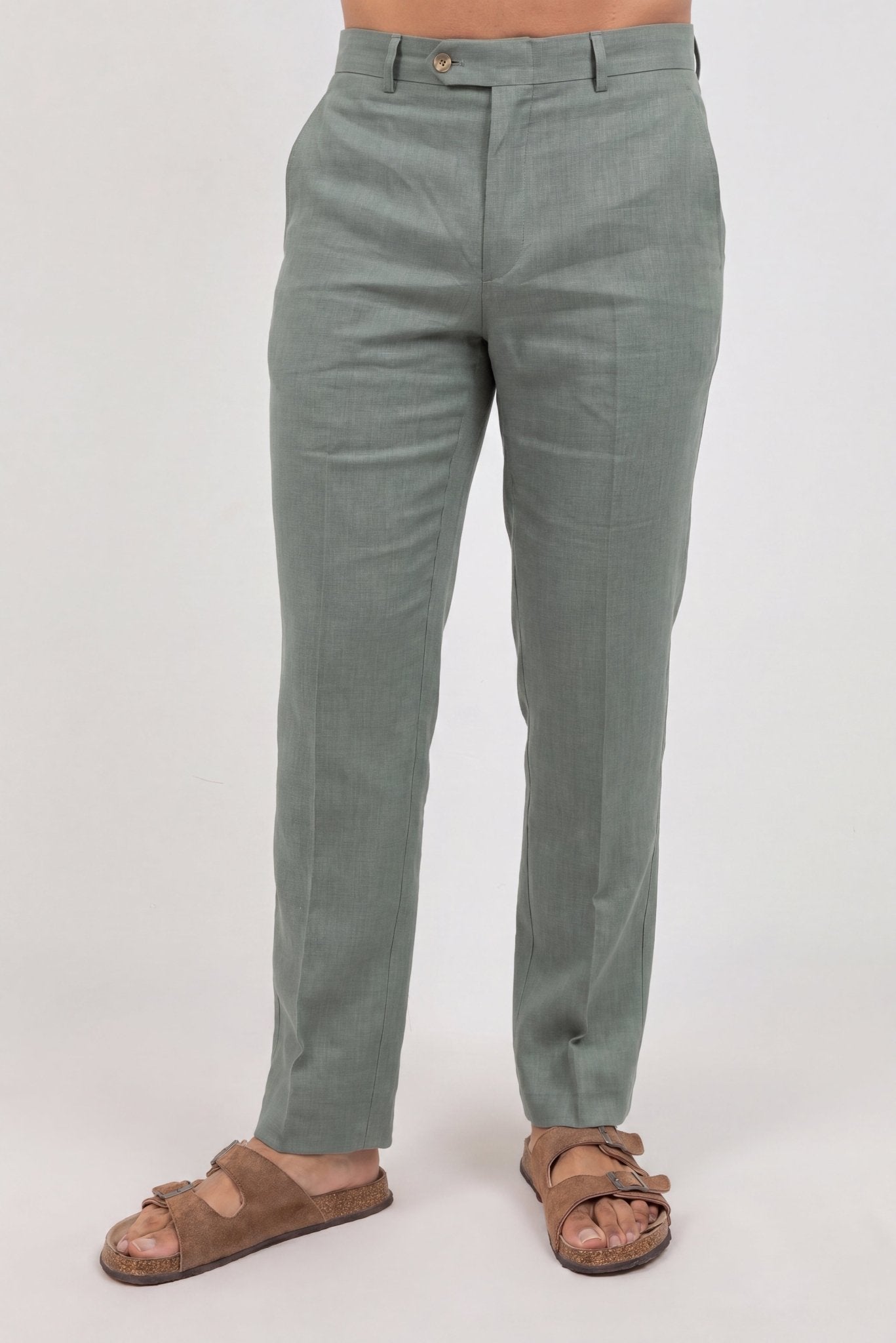 Pantalones de vestir de lino 100% de corte moderno con frente liso