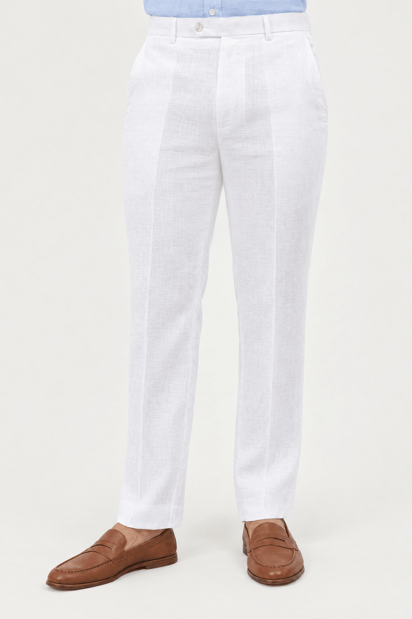 Mojito Collection modern fit 100% linen flat front dress pants in White, front view
