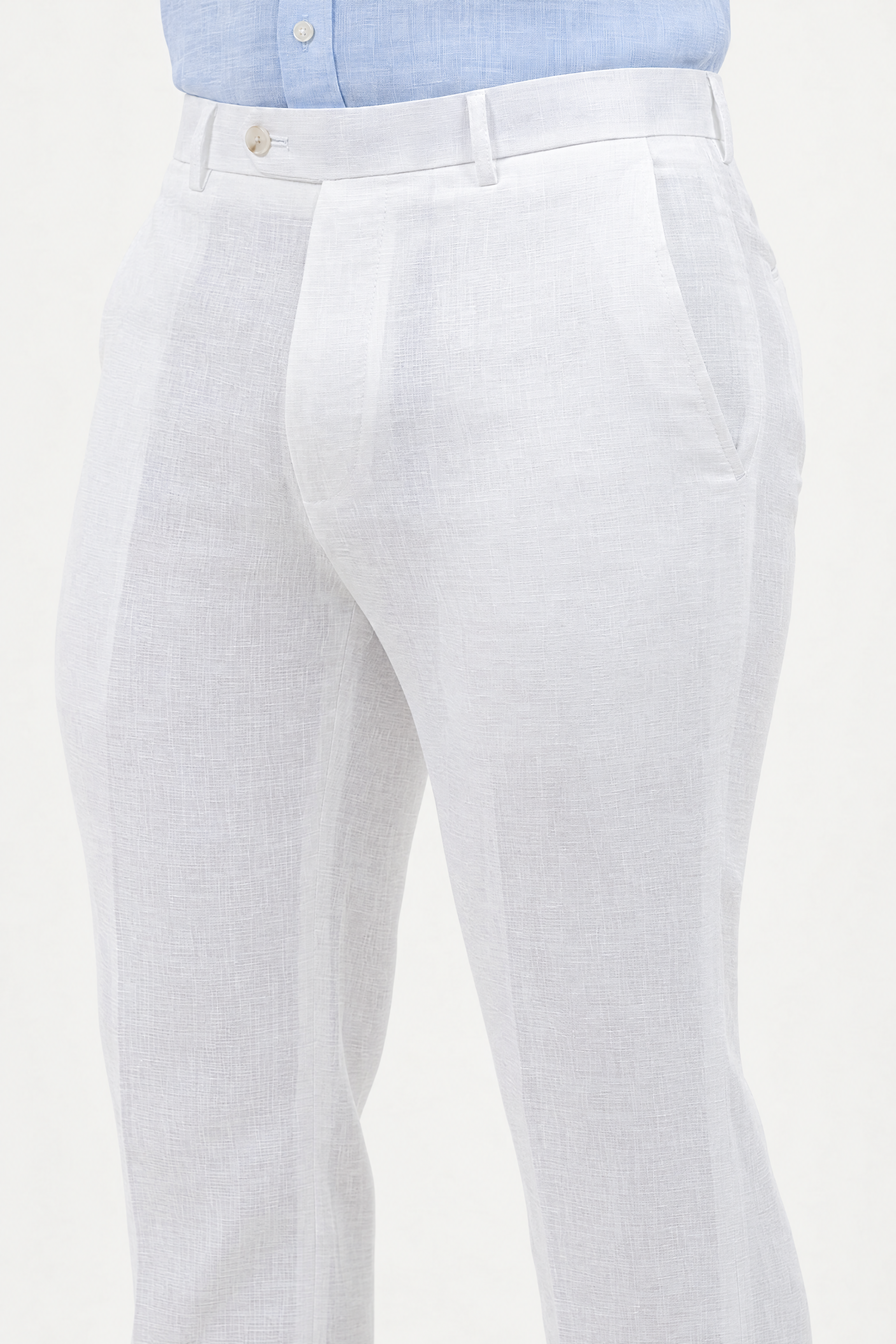 Mojito Collection modern fit 100% linen flat front dress pants in White, hip and pocket detail