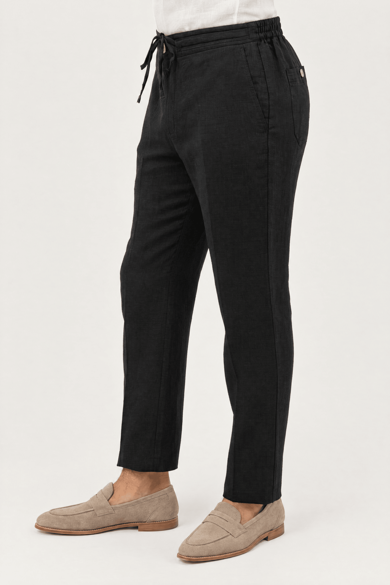 Mojito Collection 100% linen casual drawstring pants in Black, side view