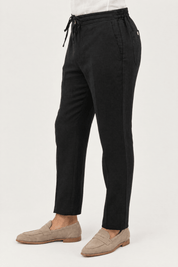 Mojito Collection 100% linen casual drawstring pants in Black, side view