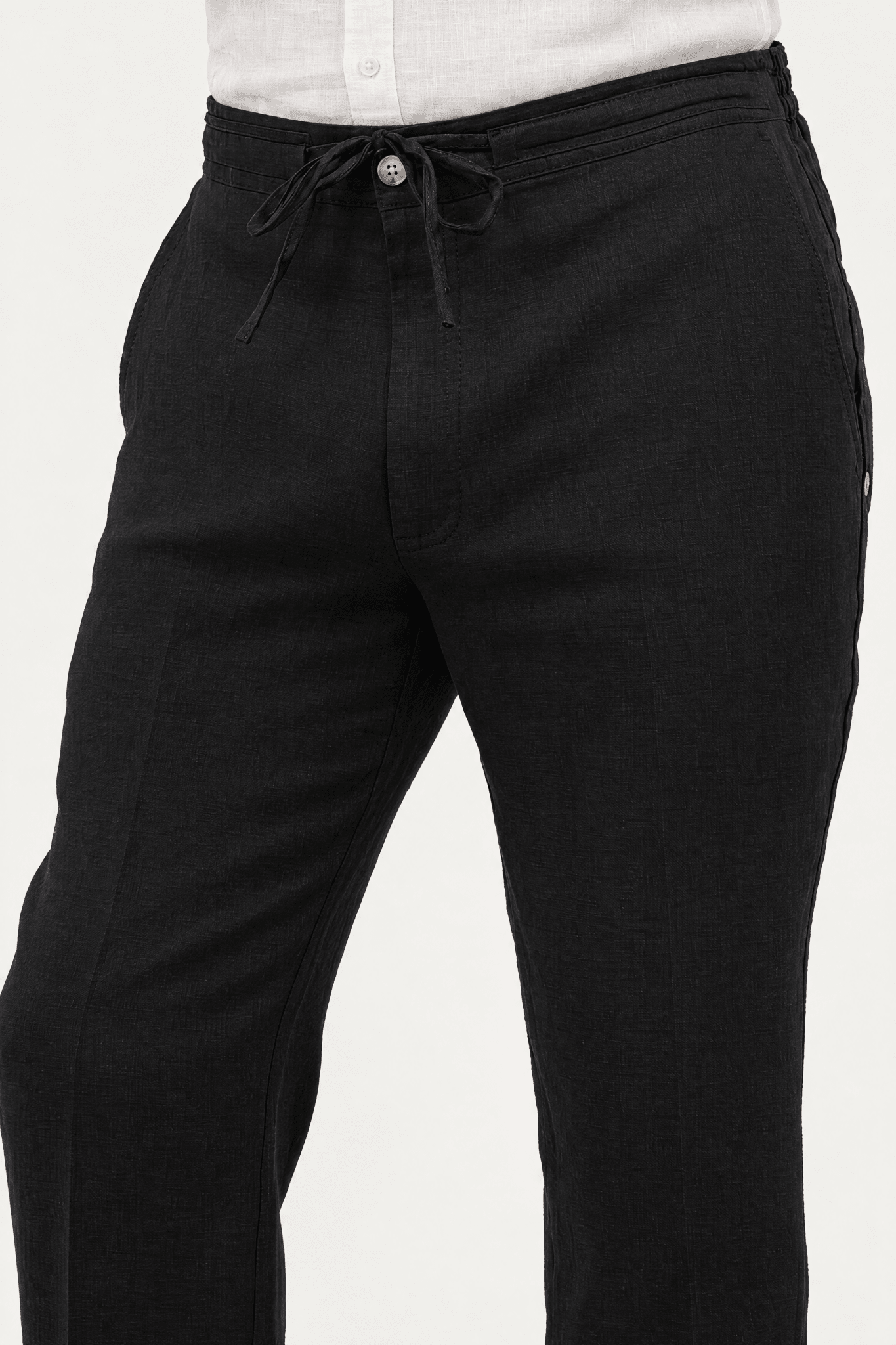 Mojito Collection 100% linen casual drawstring pants in Black, waistband and pocket detail