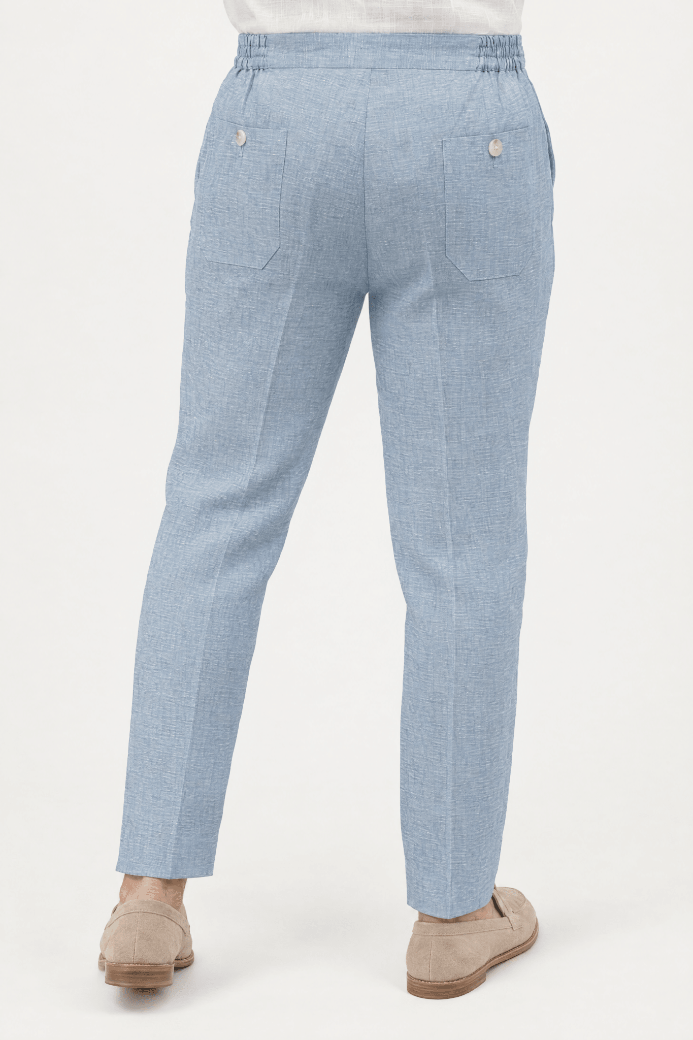 Mojito Collection 100% linen casual drawstring pants in Light Blue, back view