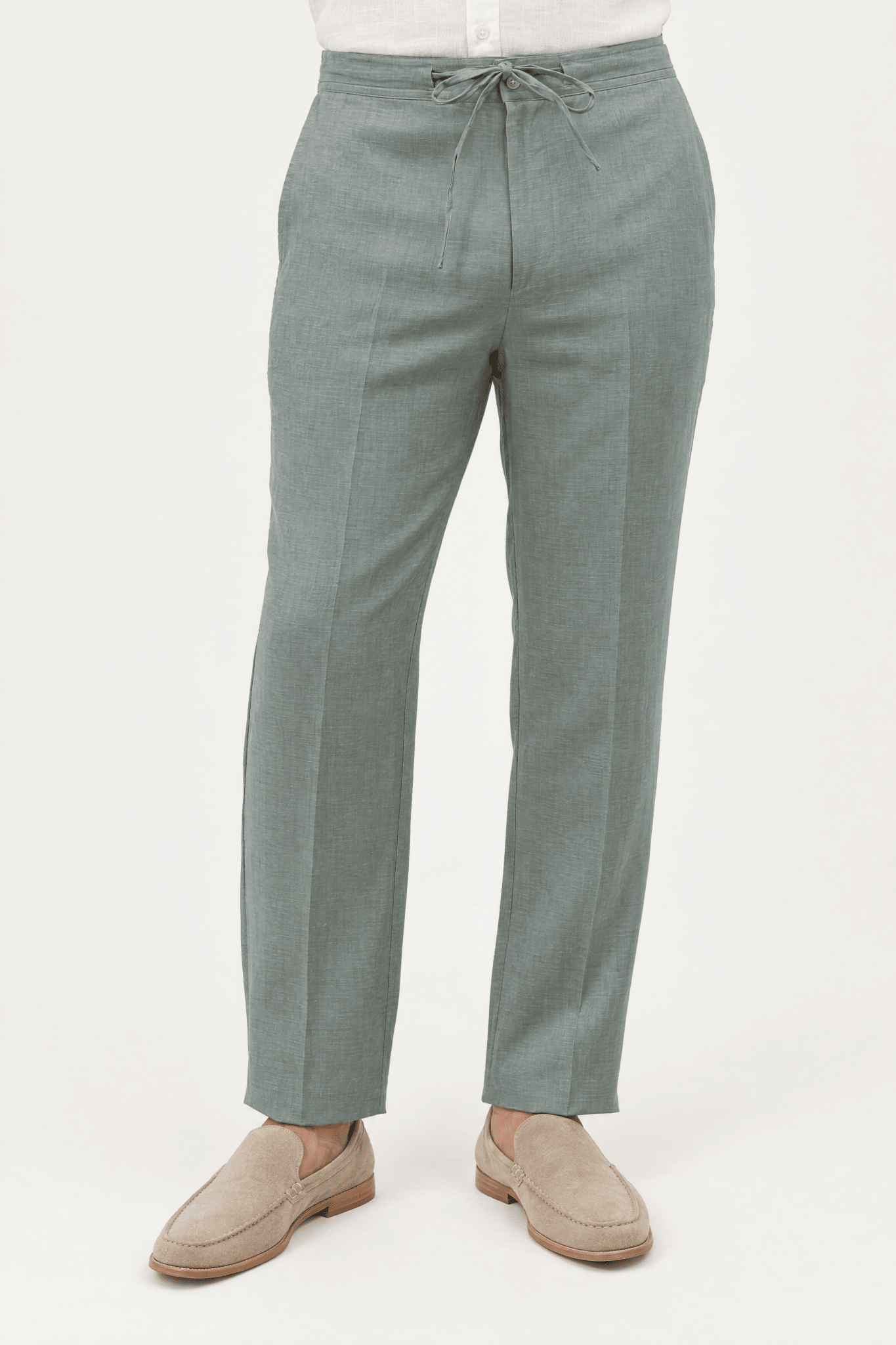 Mojito Collection 100% linen casual drawstring pants in Sage, front view