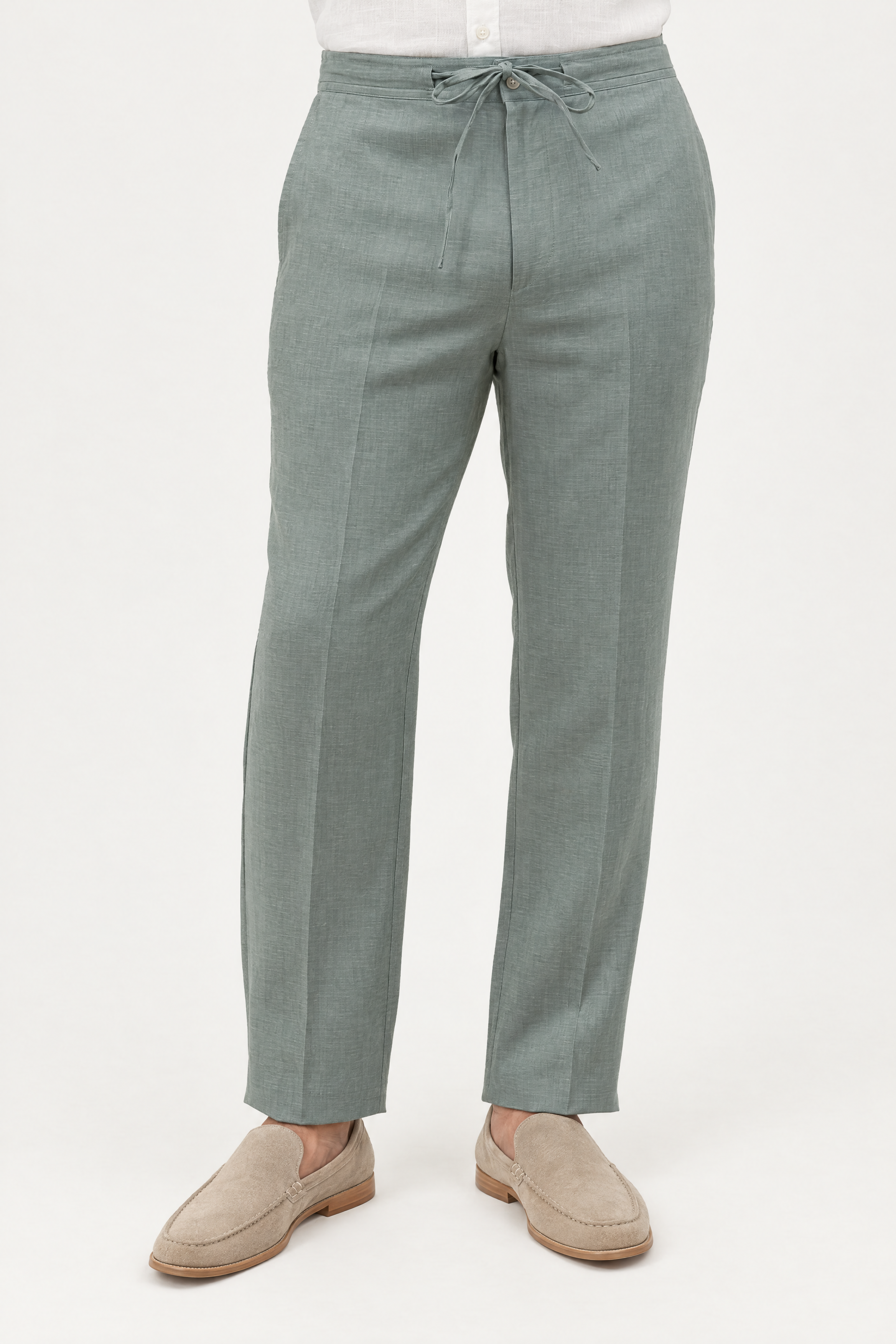 Mojito Collection 100% linen casual drawstring pants in Sage, front view