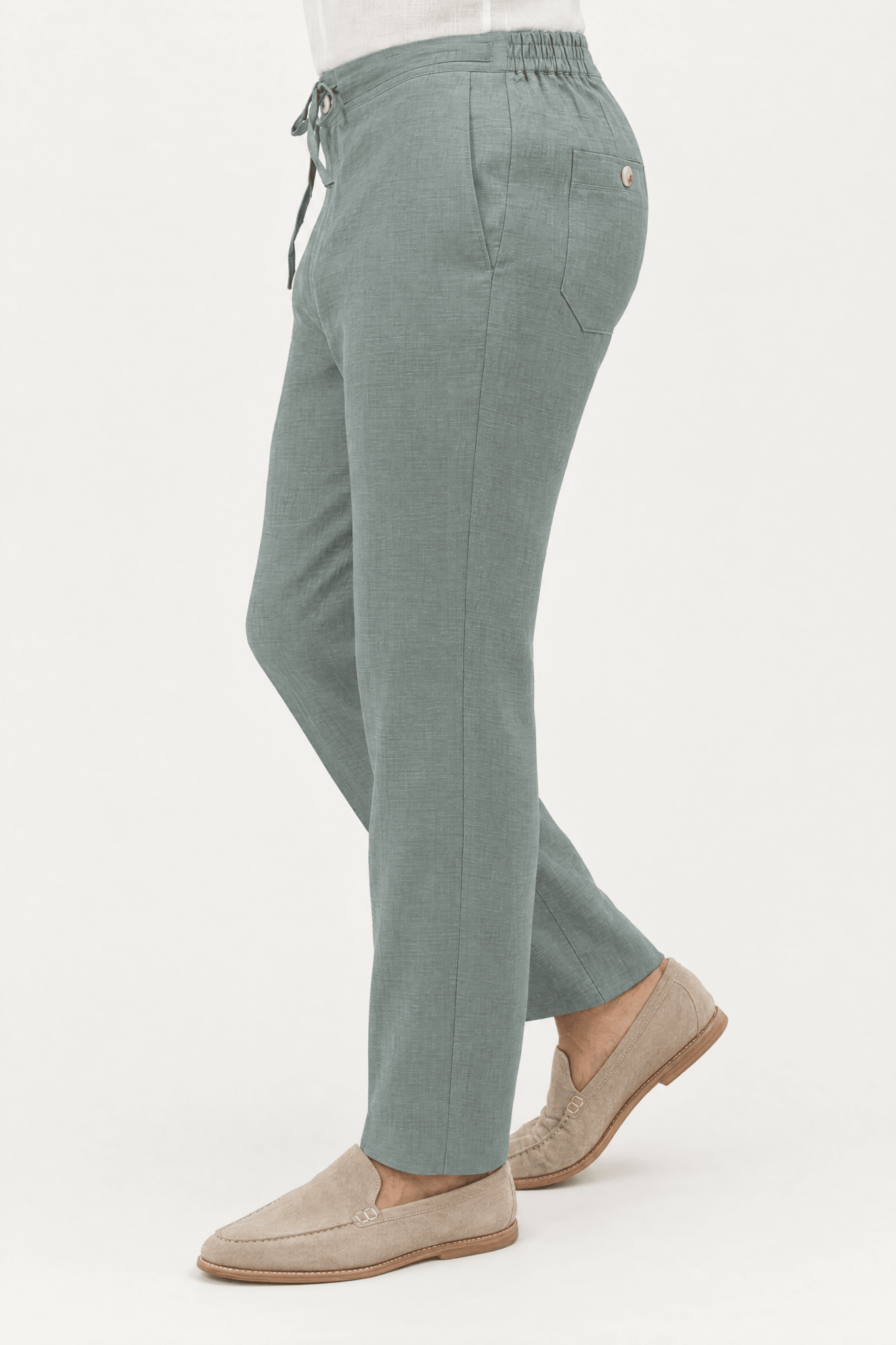 Mojito Collection 100% linen casual drawstring pants in Sage, side view