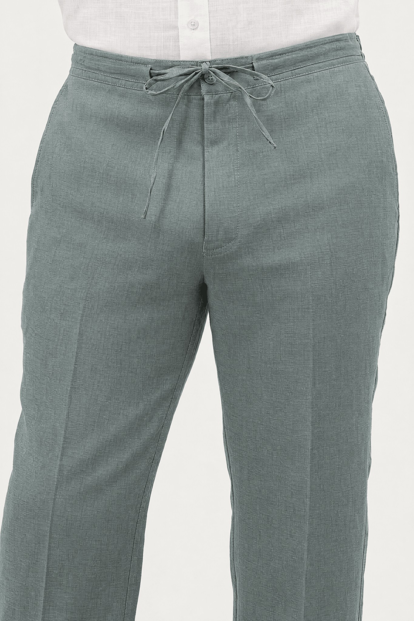 Mojito Collection 100% linen casual drawstring pants in Sage, waistband and pocket detail