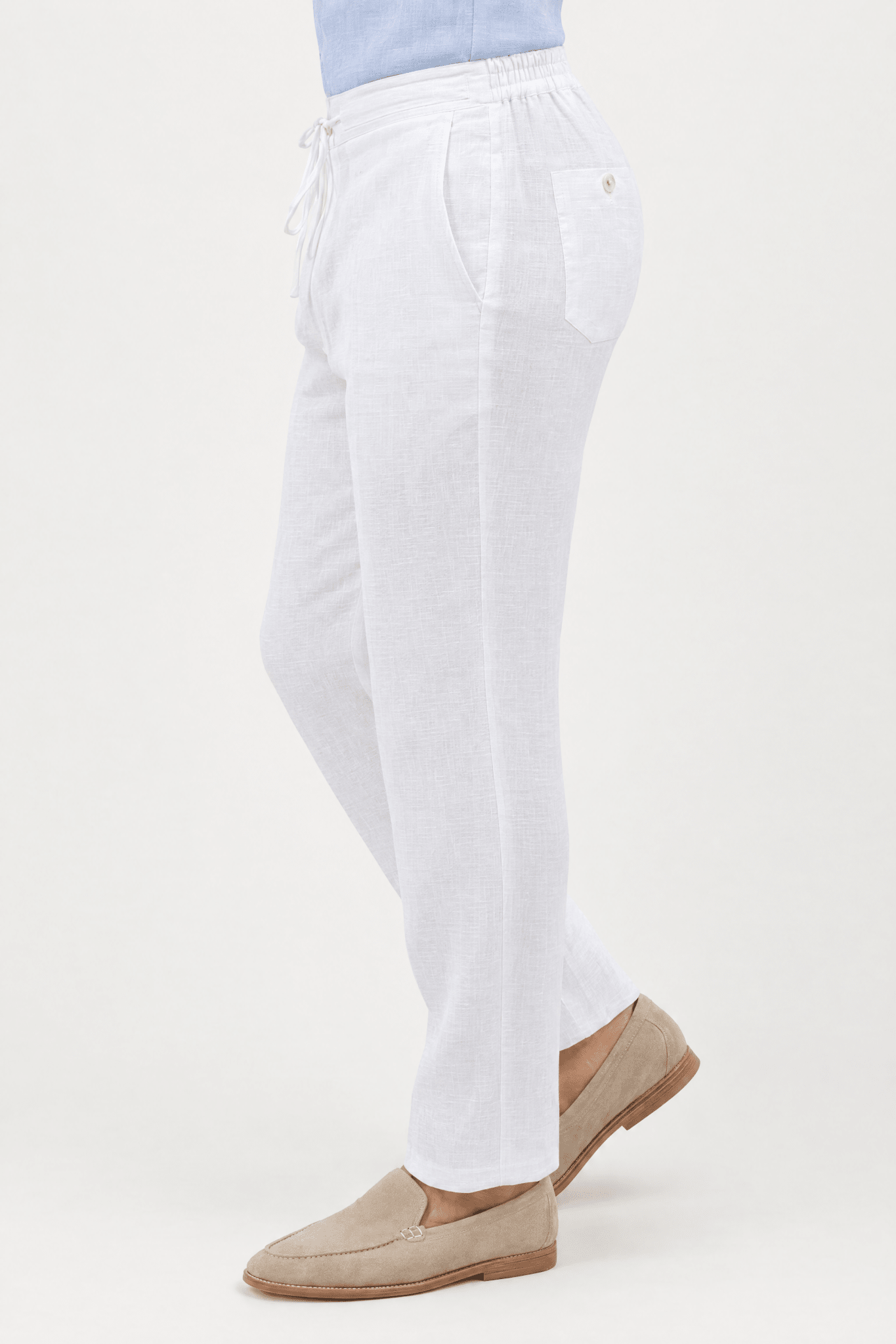 Mojito Collection 100% linen casual drawstring pants in White, side view