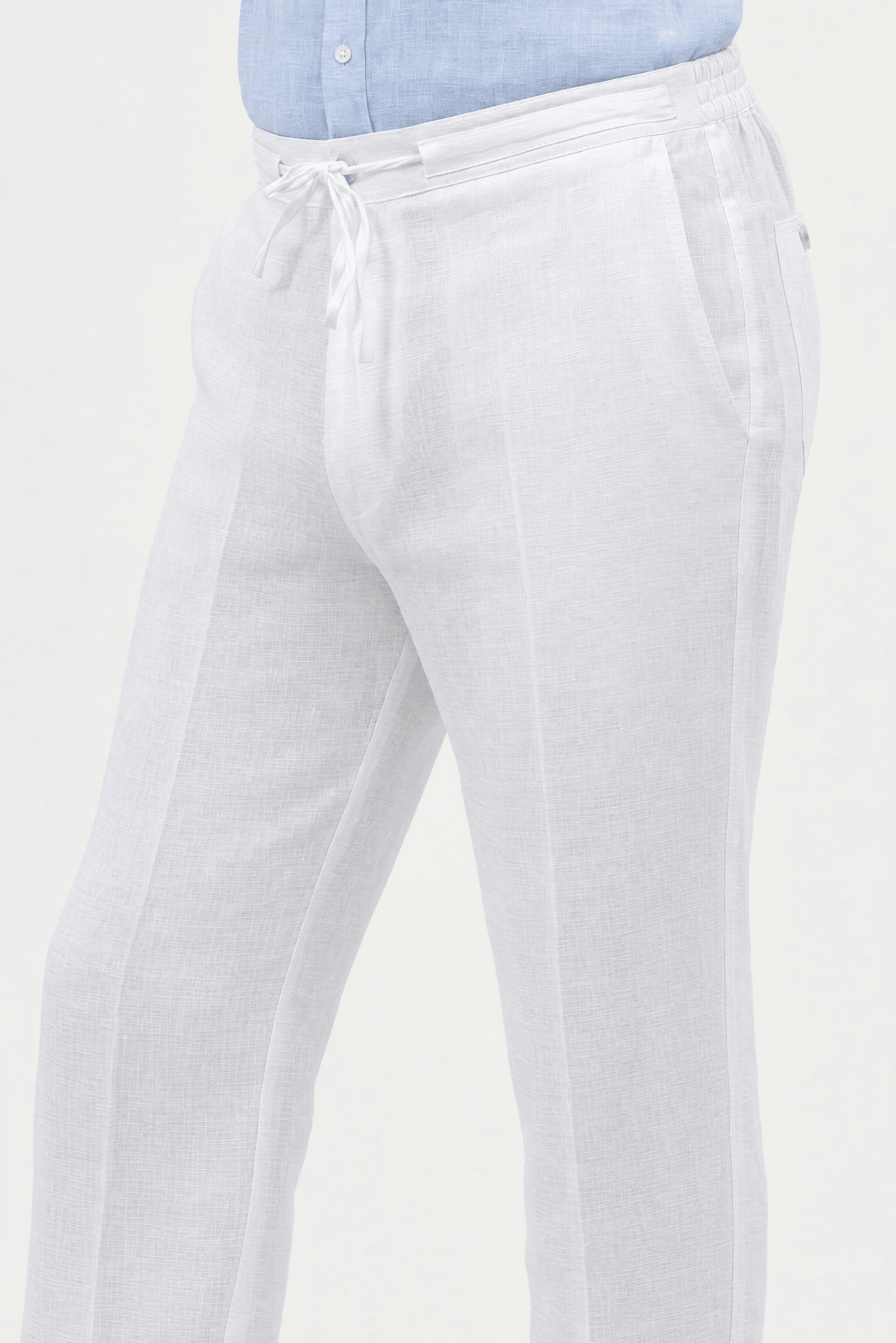 Mojito Collection 100% linen casual drawstring pants in White, waistband and pocket detail