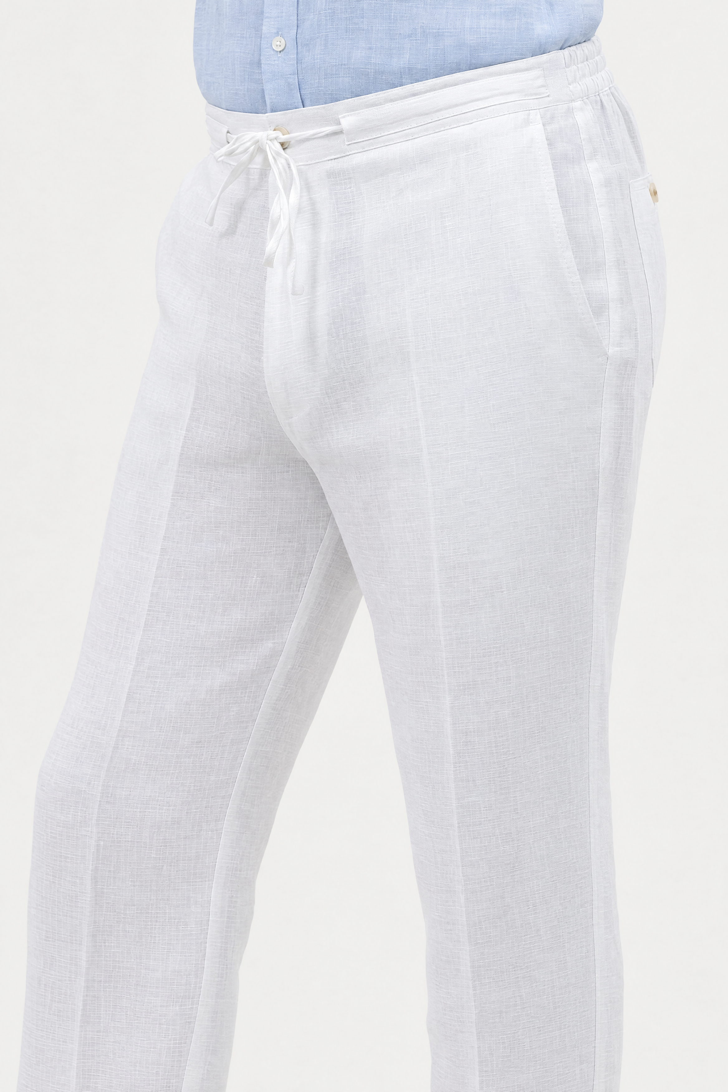 Mojito Collection 100% linen casual drawstring pants in White, waistband and pocket detail