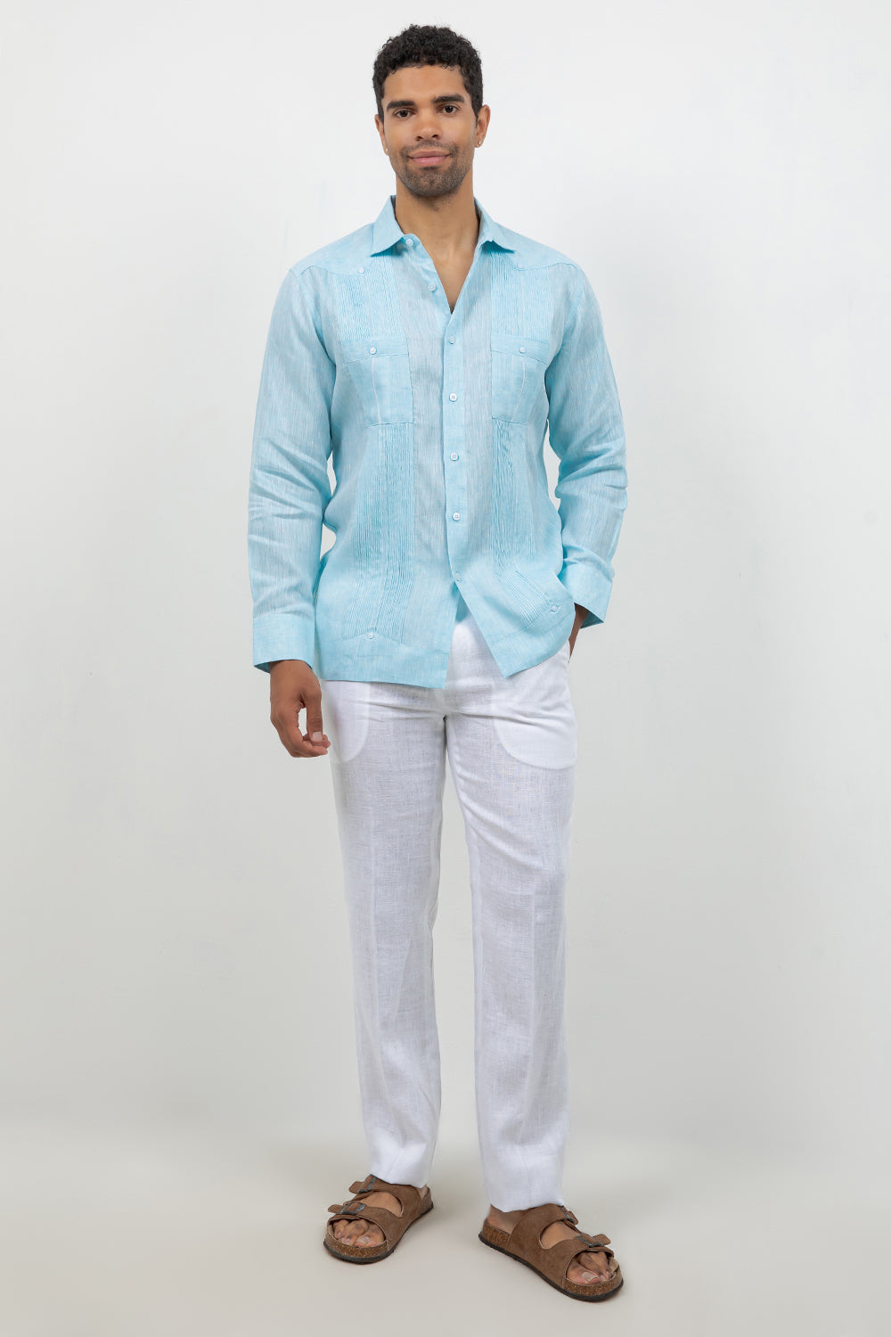 Fancy Linen Guayabera Long Sleeve Two Pocket Retro Contrast