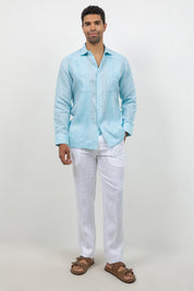 Fancy Linen Guayabera Long Sleeve Two Pocket Retro Contrast